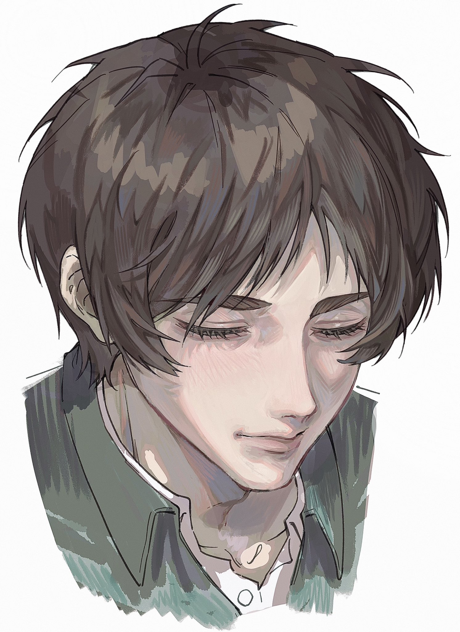 aida aot, eren yeager, shingeki no kyojin, highres, 1boy, brown hair, closed eyes, closed mouth, collared shirt, green shirt, light blush, male focus, parted bangs, shirt, shirt under shirt, short hair, sketch, solo, upper body, white background, white shirt