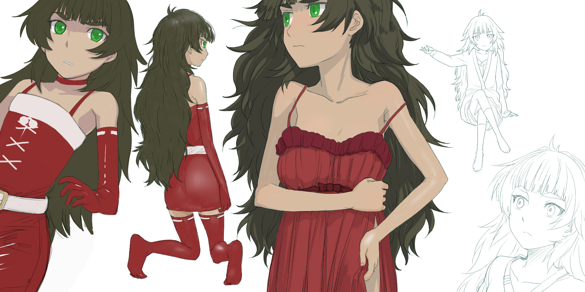 menomorute, hiyajou maho, science adventure, steins;gate, steins;gate 0, commentary request, highres, 1girl, bare shoulders, blush, breasts, christmas, collarbone, dress, fur-trimmed dress, fur trim, green eyes, long hair, looking at viewer, multiple views, nightgown, red dress, red nightgown, red thighhighs, santa costume, santa dress, simple background, small breasts, solo, strap pull, thighhighs, very long hair, white background, zettai ryouiki
