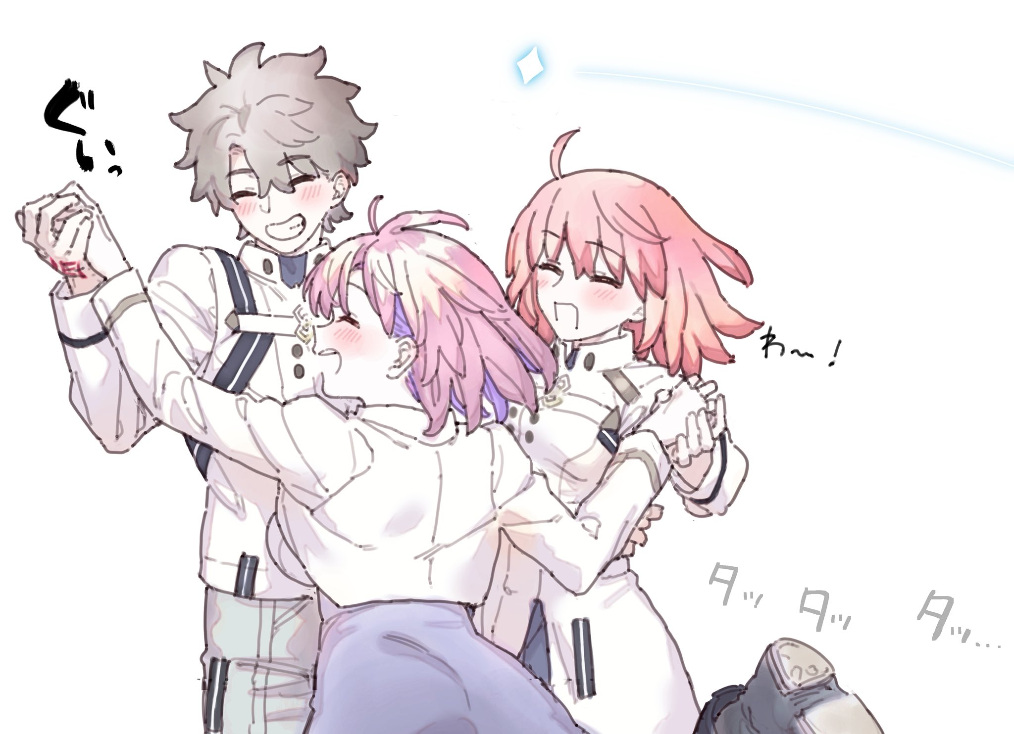 mitsurugi sugar, fujimaru ritsuka (female), fujimaru ritsuka (female) (decisive battle chaldea uniform), fujimaru ritsuka (male), fujimaru ritsuka (male) (decisive battle chaldea uniform), mash kyrielight, fate/grand order, fate (series), commentary request, highres, 1boy, 2girls, ahoge, black gloves, chaldea logo, closed eyes, colored inner hair, command spell, gloves, jacket, long sleeves, mash kyrielight (chaldea uniform), medium hair, multicolored hair, multiple girls, open mouth, orange hair, pink hair, purple hair, short hair, smile, white jacket