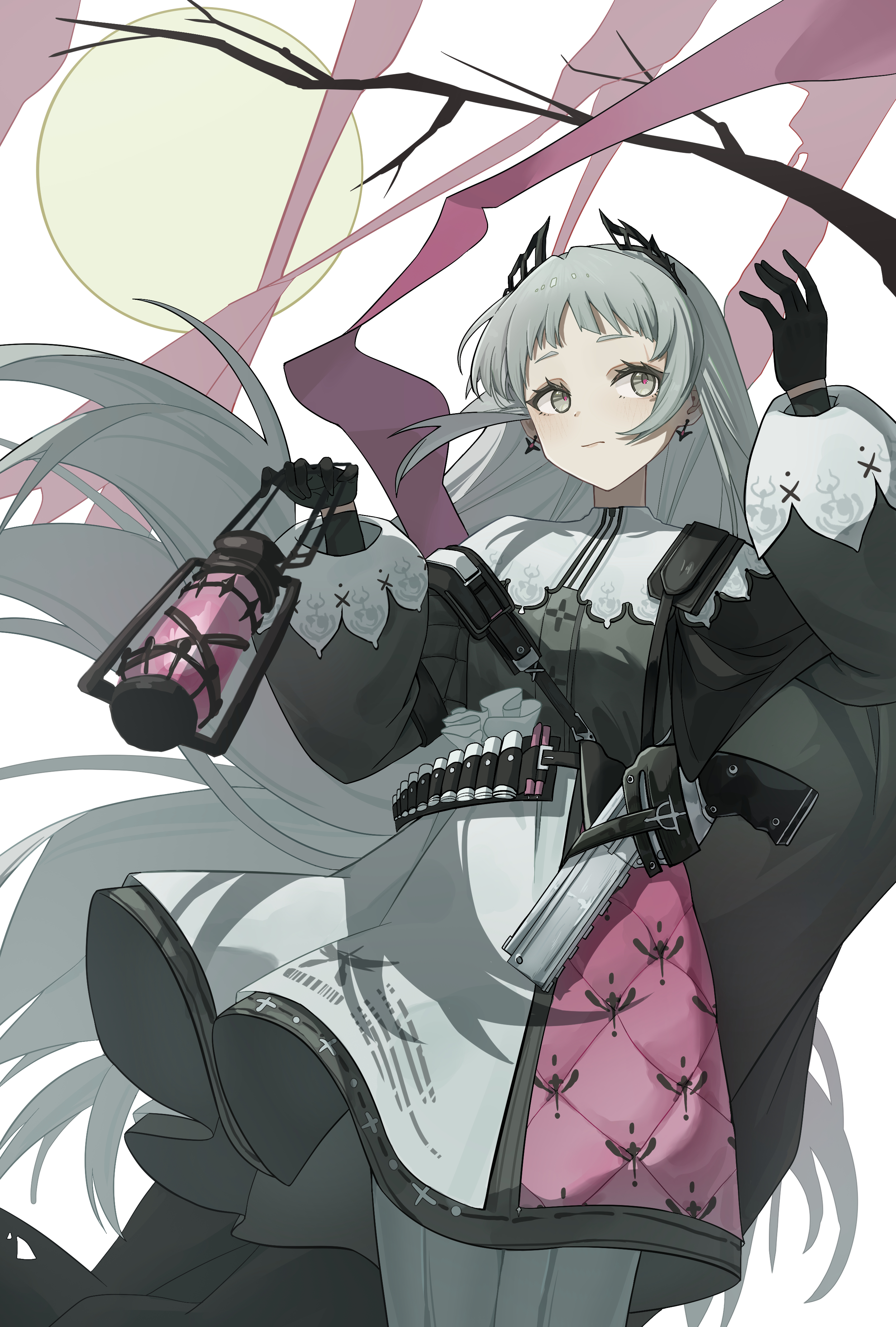 irene (arknights), arknights, absurdres, chinese commentary, commentary, highres, 1girl, arm up, black gloves, black shirt, closed mouth, coke cat (user jkus8755), cowboy shot, earrings, front-seamed legwear, gloves, grey eyes, grey hair, grey pantyhose, grey skirt, gun, handgun, holding, holding lantern, holstered, iberia logo, jewelry, lantern, long hair, long sleeves, pantyhose, pink skirt, puffy long sleeves, puffy sleeves, seamed legwear, shirt, skirt, solo, standing, very long hair, weapon