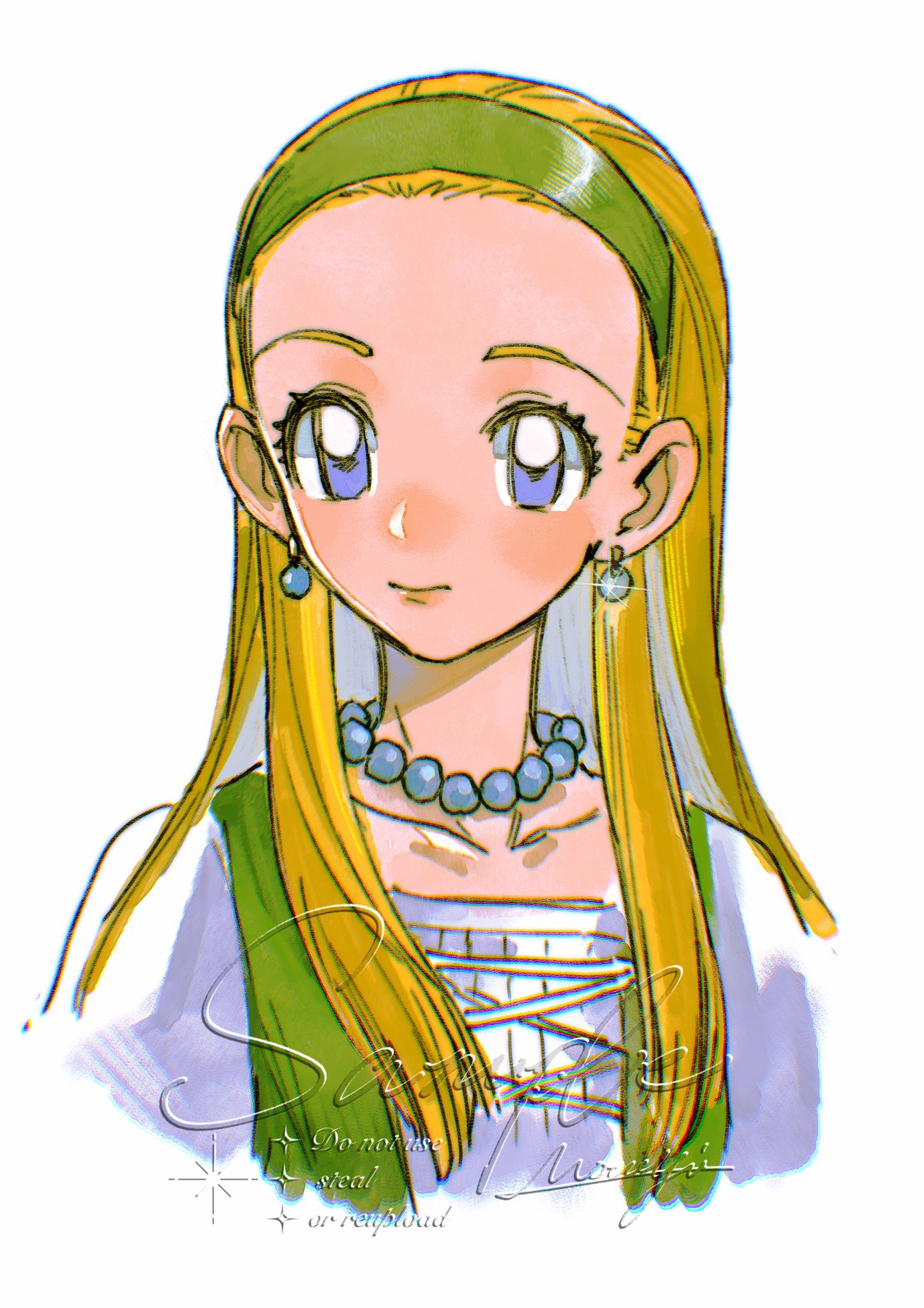 mouyi, senya (dq11), dragon quest, dragon quest xi, commentary, highres, symbol-only commentary, 1girl, artist name, bead choker, beads, blonde hair, blue eyes, closed mouth, dress, earrings, green dress, green hairband, hairband, jewelry, light smile, long hair, portrait, sample watermark, shirt, solo, sparkle, upper body, watermark, white background, white shirt
