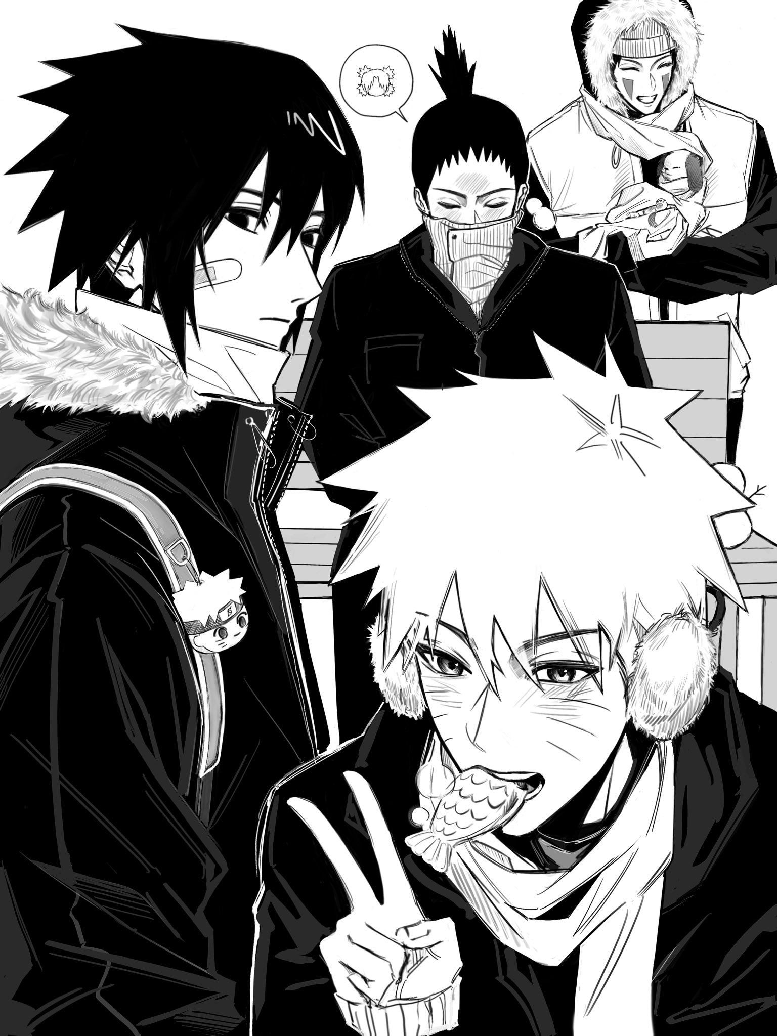 akamaru (naruto), inuzuka kiba, nara shikamaru, temari (naruto), uchiha sasuke, uzumaki naruto, naruto (series), naruto shippuuden, hashtag-only commentary, highres, 4boys, animal, bandaid, bandaid on cheek, bandaid on face, bench, black coat, black hair, character charm, charm (object), closed eyes, closed mouth, coat, damyo x, dog, facial mark, food, food in mouth, fur-trimmed hood, fur trim, greyscale, grin, hair between eyes, holding, holding animal, holding dog, hood, hood up, male focus, monochrome, multiple boys, open mouth, ponytail, quad tails, scarf, short hair, short ponytail, sitting, smile, spiked hair, taiyaki, teeth, v, wagashi, whisker markings, white background, white scarf