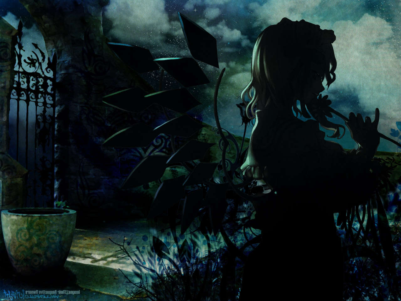 flandre scarlet, touhou, tagme, 1girl, black theme, female focus, outdoors, plant, sky, solo, standing