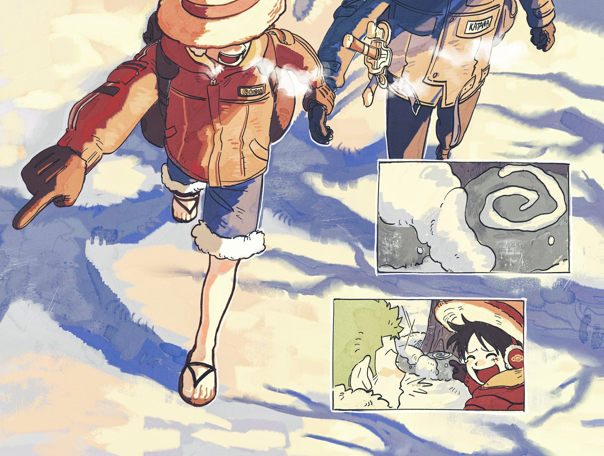 toku0034, monkey d. luffy, roronoa zoro, one piece, highres, 2boys, black hair, black pants, blue coat, blue shorts, brown gloves, coat, earmuffs, fur-trimmed shorts, fur trim, gloves, green hair, hat, holding another's wrist, jacket, katana, long sleeves, male focus, multiple boys, open mouth, outdoors, pants, pointing, pointing forward, red jacket, sandals, sheath, sheathed, shorts, snow, straw hat, sword, walking, weapon, winter clothes