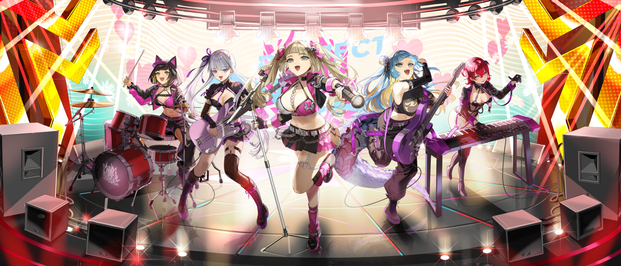 cheona (last origin), fafnir (last origin), janghwa (last origin), vargr (last origin), last origin, artist request, bad link, game cg, highres, official art, 5girls, aiguillette, animal ear hood, aqua eyes, aqua hair, armband, asymmetrical legwear, band (music), bare shoulders, baseball cap, bass guitar, belt, black belt, black boots, black bra, black collar, black gloves, black hair, black horns, black jacket, black pants, black shirt, black skirt, blonde hair, boots, bra, breasts, chain, chain between breasts, chest belt, cleavage, cleavage cutout, clothing cutout, collar, collarbone, colored inner hair, concert, covered erect nipples, criss-cross straps, crop top, cropped jacket, cropped shirt, detached collar, detached sleeves, diamond-shaped pupils, diamond (shape), dog girl, dragon girl, dragon horns, dragon tail, drill hair, drum, drum set, drumsticks, earrings, electric guitar, english text, fake animal ears, fangs, fingerless gloves, fishnet sleeves, fishnet socks, fishnet thighhighs, fishnets, flame print, flower, forked tongue, frilled collar, frilled shirt, frilled sleeves, frills, gloves, gradient eyes, grey hair, guitar, hair between eyes, hair flower, hair ornament, hair ribbon, hair rings, half gloves, harness, hat, hat under hood, heart, heart o-ring, high heel boots, high heels, holding, holding bass guitar, holding drumsticks, holding guitar, holding instrument, holding microphone, holding microphone stand, hood, hooded jacket, hoop earrings, horns, huge breasts, indoors, instrument, jacket, jewelry, keyboard (instrument), knee boots, large breasts, large tail, leg belt, leg up, leg warmers, light smile, long hair, long sidelocks, looking at viewer, maria rioboros, mechanical horns, mechanical tail, medium breasts, microphone, microphone stand, miniskirt, multicolored boots, multicolored eyes, multicolored hair, multicolored jacket, multiple girls, music, nail polish, navel, neck ribbon, o-ring, o-ring thigh strap, official alternate costume, open clothes, open jacket, open mouth, pants, pink belt, pink boots, pink bra, pink frills, pink hat, pink jacket, pink leg warmers, pink nails, pink ribbon, playing instrument, pleated skirt, puffy short sleeves, puffy sleeves, purple armband, purple boots, purple eyes, purple ribbon, purple skirt, red hair, ribbon, screen, shirt, short hair, short sleeves, side ponytail, sidelocks, singing, single hair ring, sitting, skirt, smile, snake girl, socks, speaker, stage, stage lights, standing, standing on one leg, star (symbol), star sticker, sticker, sticker on face, string bra, studded armlet, symbol-shaped pupils, tail, thigh boots, thigh cutout, thigh strap, thighhighs, tongue, tongue out, twintails, two-tone boots, two-tone bra, two-tone hair, two-tone jacket, two-tone skirt, two side up, underbust, underwear, uneven legwear, upper body, white belt, white bra, white hair, yellow eyes