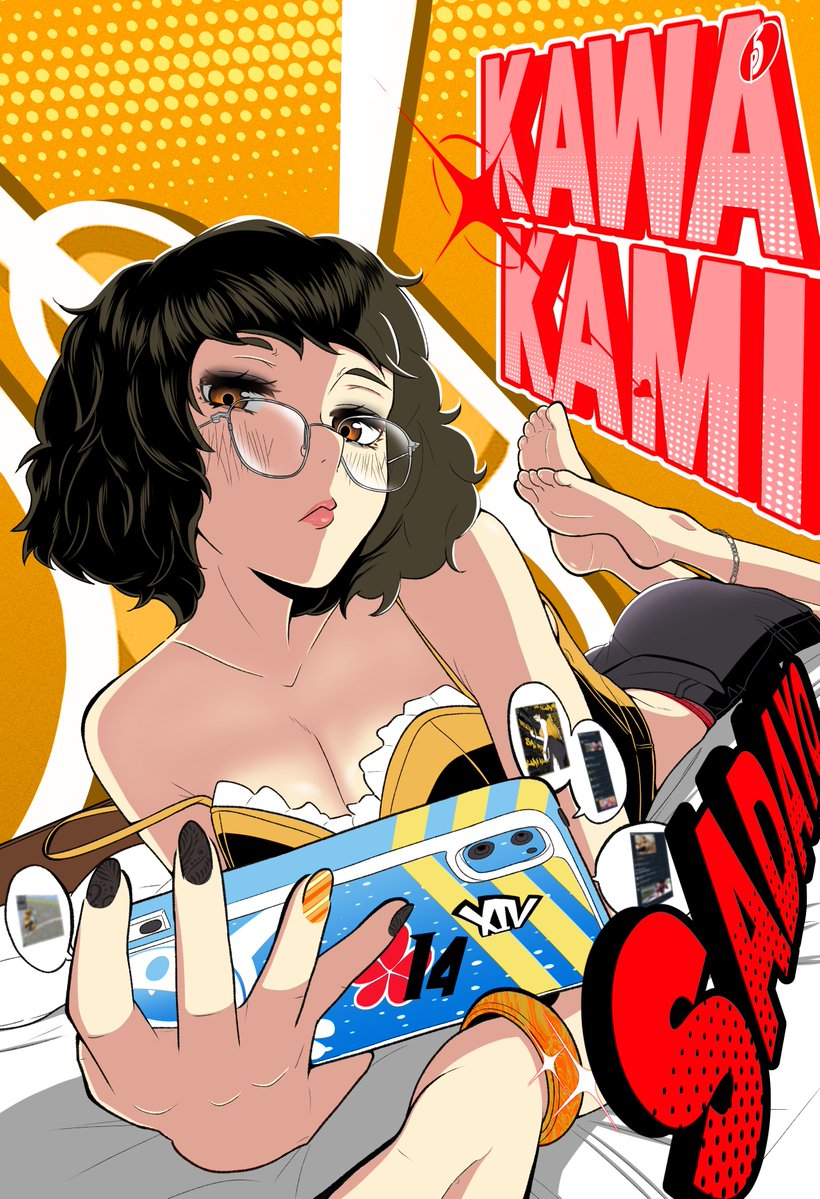 may (may lee8), kawakami sadayo, persona, persona 5, 1girl, bare shoulders, bracelet, breasts, brown hair, cellphone, character name, collarbone, feet, glasses, jewelry, lips, nail polish, phone, solo, toes