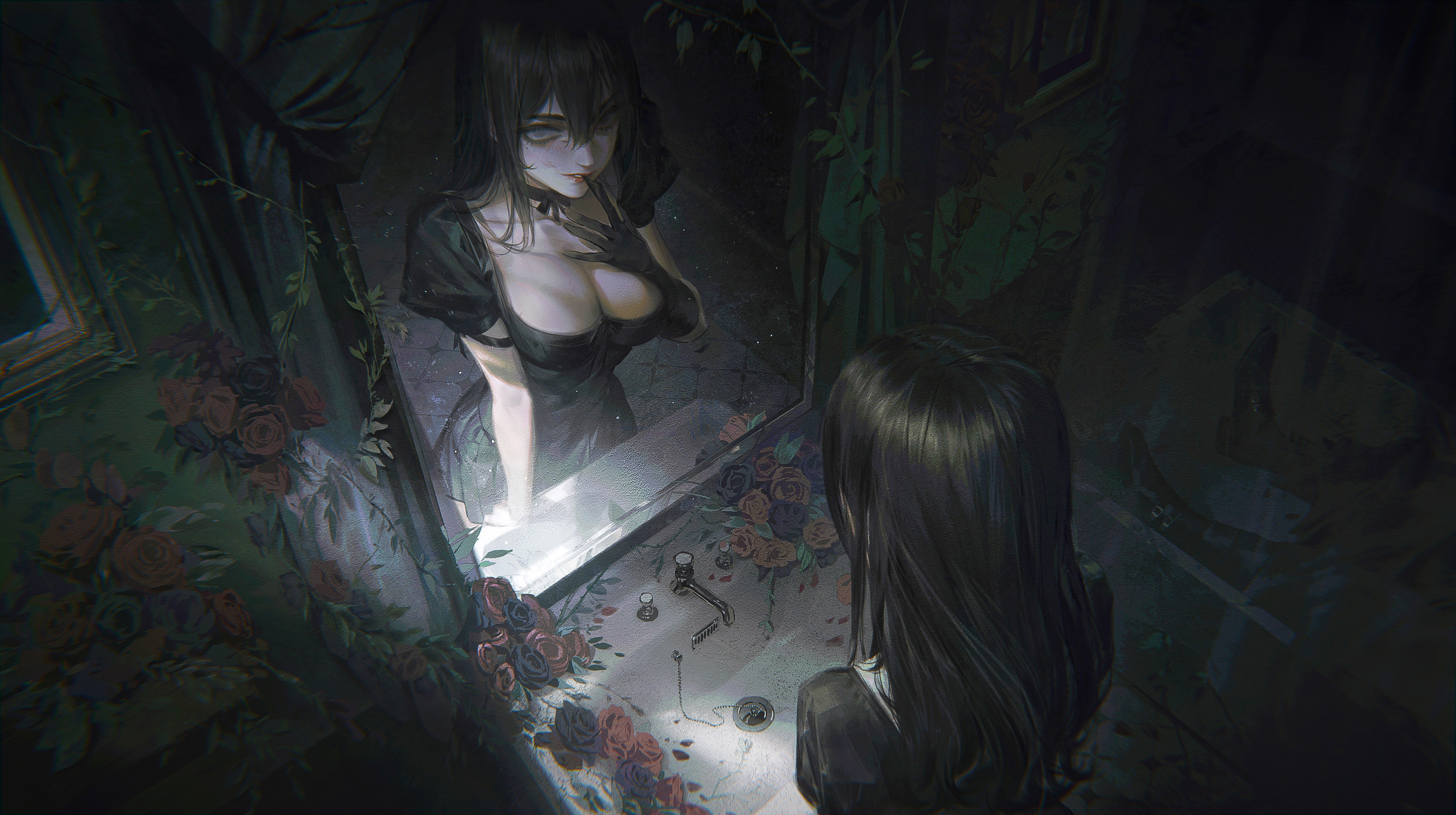 original, commentary, concept art, english commentary, highres, 1girl, 1other, ambiguous gender, bathroom, black dress, breasts, cleavage, dress, fangda, faucet, flower, glove in mouth, gloves, grey eyes, hand up, implied death, indoors, large breasts, looking at viewer, mirror, mouth hold, parted lips, red lips, reflection, reflection focus, removing glove, rose, short sleeves, sink, standing, wallpaper (object)