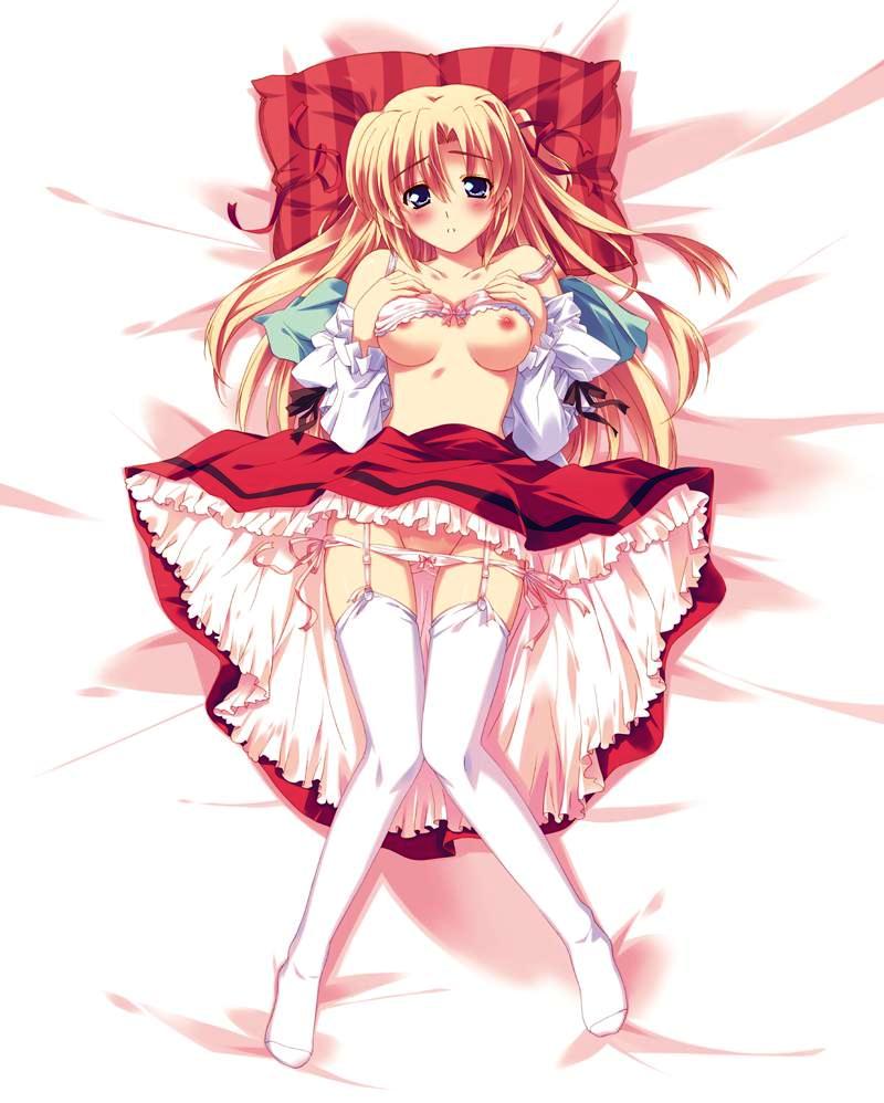 kusukusu, marie rudel, sakura strasse, 1girl, blonde hair, blue eyes, blush, bra, breasts, female focus, garter belt, garter straps, lingerie, long hair, lying, medium breasts, panties, side-tie panties, solo, thighhighs, underwear