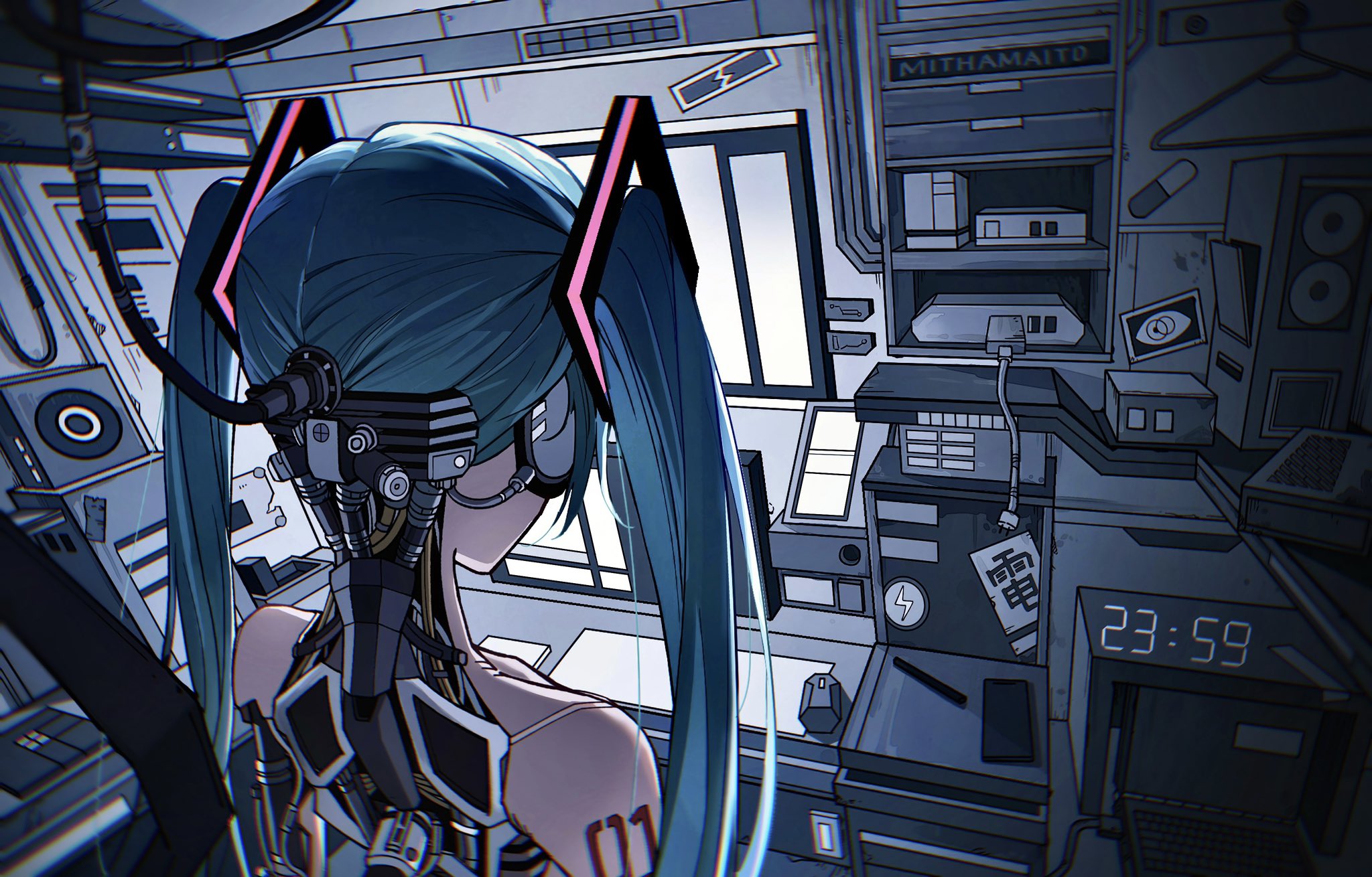 hatsune miku, vocaloid, commentary, english commentary, highres, 1girl, android, aqua eyes, arm tattoo, bare shoulders, cable, clock, digital clock, facing away, from behind, hair ornament, long hair, mithamaito, number tattoo, solo, tattoo, twintails, upper body, wire