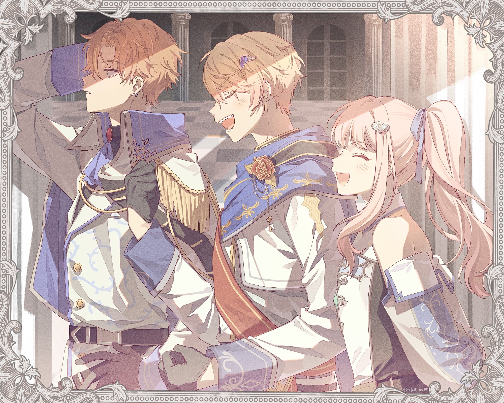 akii 0915, akiyama mizuki, shinonome akito, tenma tsukasa, project sekai, commentary request, highres, 1girl, 2boys, arms behind back, black gloves, blue ribbon, blush, closed eyes, collared cape, detached sleeves, earrings, flower, gloves, hair ornament, high ponytail, jewelry, kaitou shinshi no harahara!? white day (project sekai), knight, multiple boys, official alternate costume, official alternate hairstyle, open mouth, ponytail, ribbon, rose