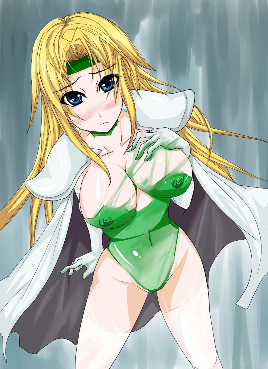 myos, celes chere, final fantasy, final fantasy vi, 1990s (style), 1girl, blonde hair, blue eyes, blush, breasts, cape, cleavage, female focus, headband, leotard, long hair, navel, nipples, shoulder pads, solo
