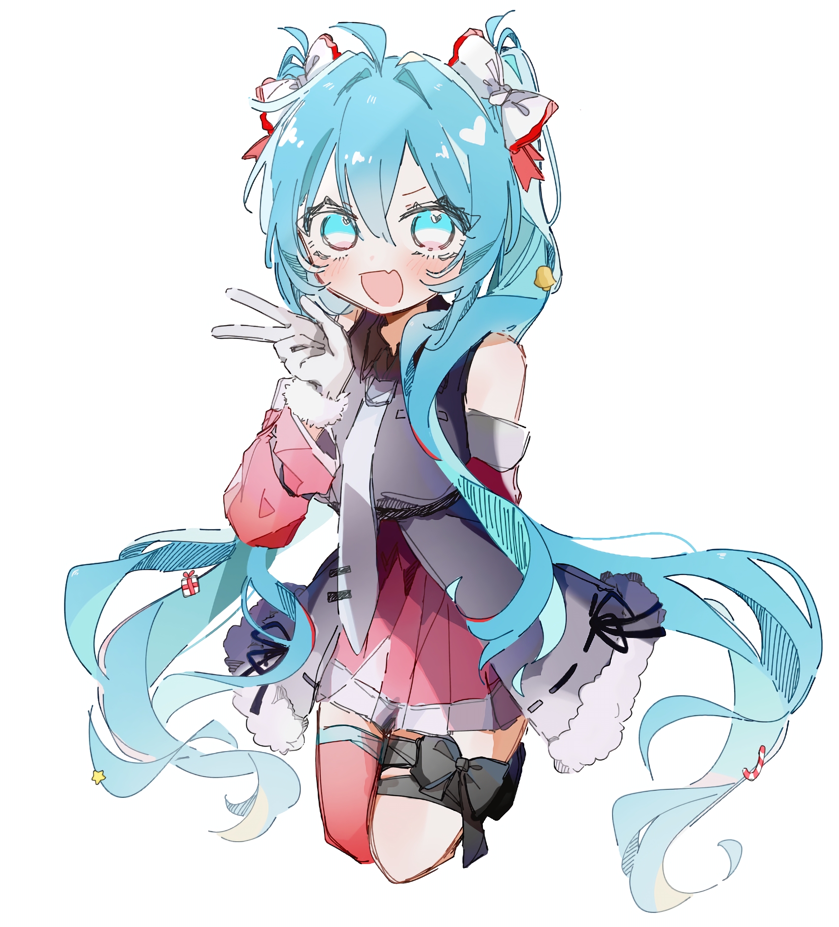 mynkaoi, hatsune miku, vocaloid, commentary request, highres, 1girl, ahoge, aqua eyes, aqua hair, asymmetrical legwear, bare shoulders, black bow, black bowtie, black ribbon, blush, bow, bowtie, candy, candy cane, detached sleeves, double-parted bangs, fang, food, fur-trimmed sleeves, fur-trimmed wrist cuffs, fur trim, gloves, hair between eyes, hair bow, heart, long hair, looking up, multiple hair bows, necktie, open mouth, red sleeves, red thighhighs, ribbon, simple background, single thighhigh, skin fang, solo, star (symbol), thighhighs, twintails, very long hair, w, white background, white gloves, white necktie