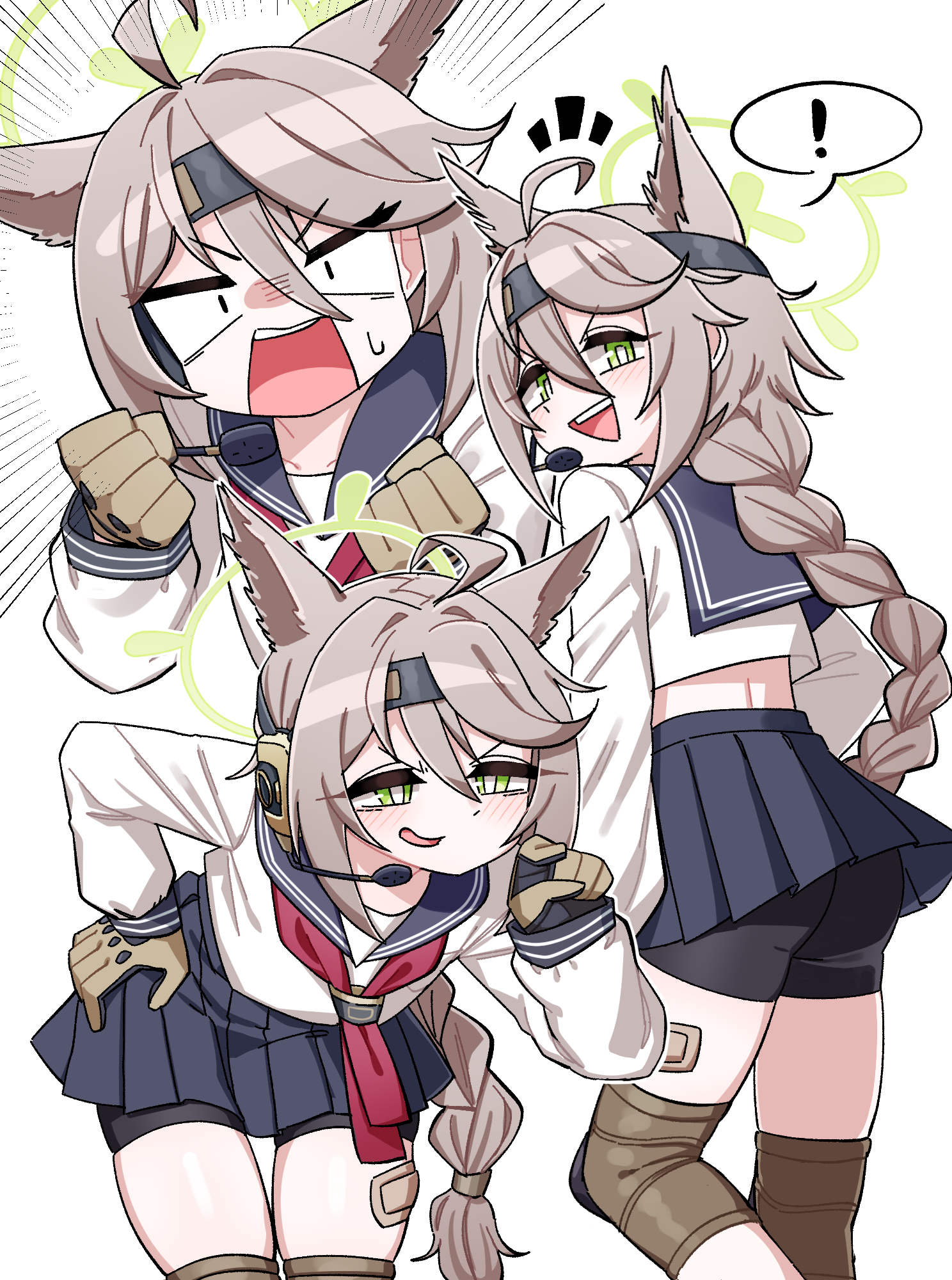 fey (whitepaper), otogi (blue archive), blue archive, commentary, highres, symbol-only commentary, !, 1girl, ahoge, animal ears, ascot, ass, bandaid on thigh, bent over, bike shorts, blush, braid, brown hair, fox ears, fox girl, gloves, green eyes, halo, hand on own hip, headset, knee pads, long braid, motion lines, multiple expressions, pleated skirt, pointing, school uniform, serafuku, simple background, skindentation, skirt, speed lines, spoken exclamation mark