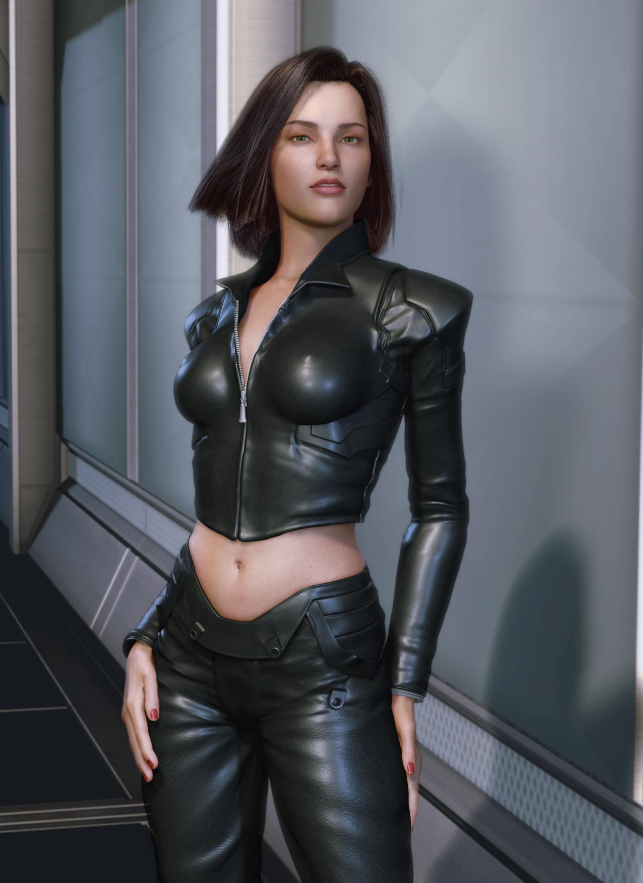 aki ross, final fantasy, final fantasy the spirits within, highres, official art, 1girl, 3d, breasts, brown hair, cleavage, covered erect nipples, female focus, leather, long hair, midriff, nail polish, navel, nipples, skin tight, solo, unzipped, yellow eyes, zipper