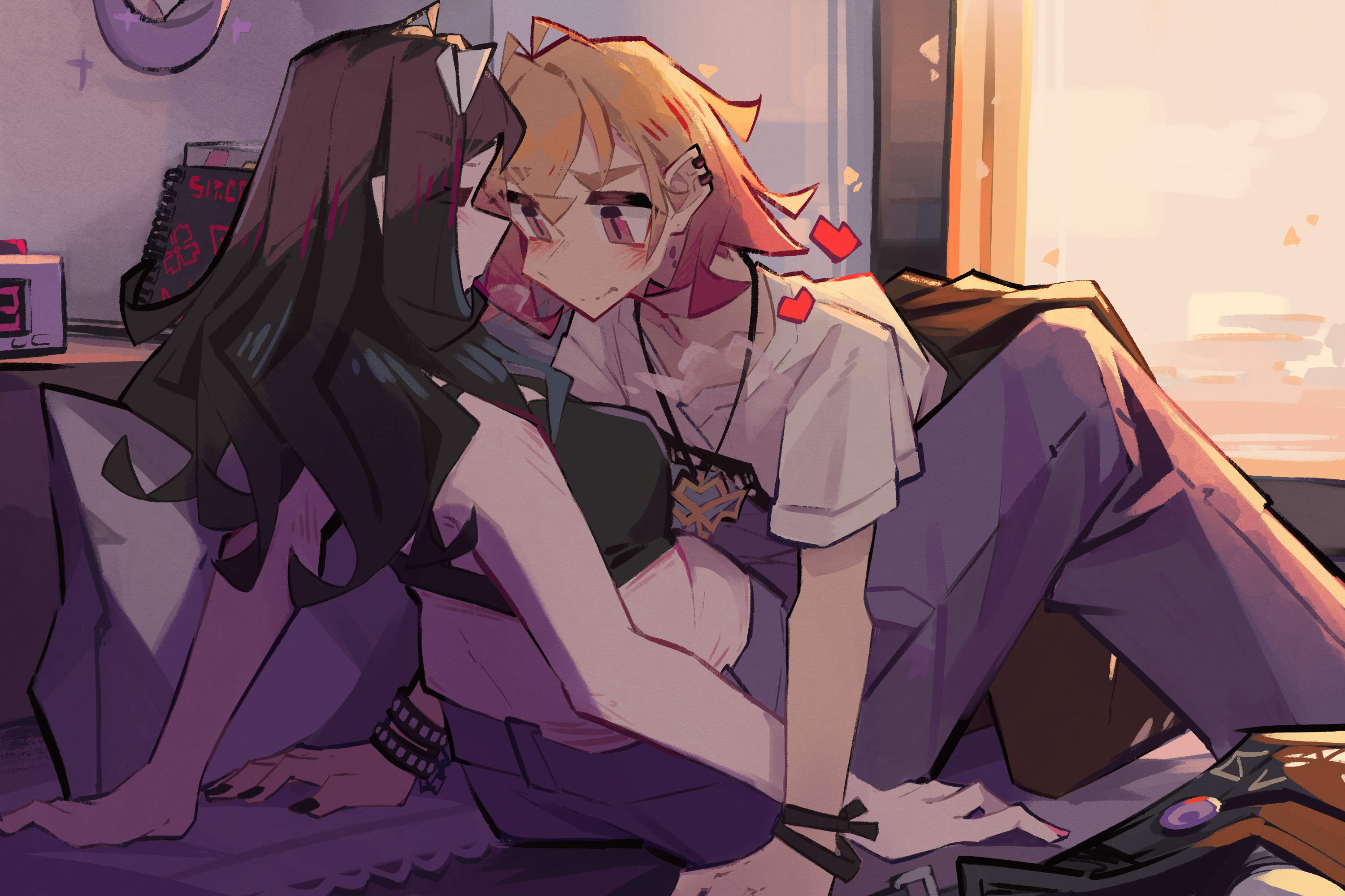 togekk0, original, commentary, english commentary, highres, tagme, 2girls, black hair, black nails, blonde hair, closed eyes, closed mouth, crop top, earrings, enna (togekk0), jewelry, long hair, lyra (togekk0), multiple girls, pillow, pink eyes, shirt, short hair, t-shirt, yuri