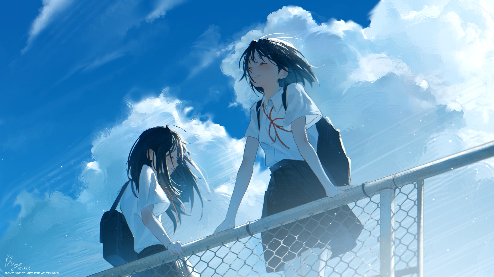 ryane (yry 0), original, commentary, highres, 2girls, black bag, black hair, black skirt, blue sky, chain-link fence, closed mouth, cloud, day, fence, light particles, long hair, multiple girls, outdoors, red ribbon, ribbon, school uniform, shirt, short hair, skirt, sky, smile, white shirt
