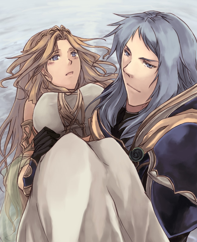kannkunn, cosmos (dff), warrior of light (ff1), dissidia final fantasy, final fantasy, 1boy, 1girl, armband, armor, blonde hair, carrying, couple, dress, grey eyes, grey hair, long hair, short hair, very long hair