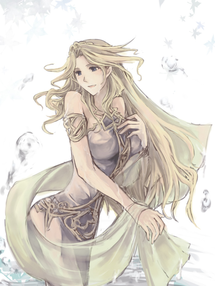 kannkunn, cosmos (dff), dissidia final fantasy, final fantasy, 1girl, armband, bare shoulders, blonde hair, blue eyes, breasts, dress, female focus, long hair, solo, tiara, very long hair, white background