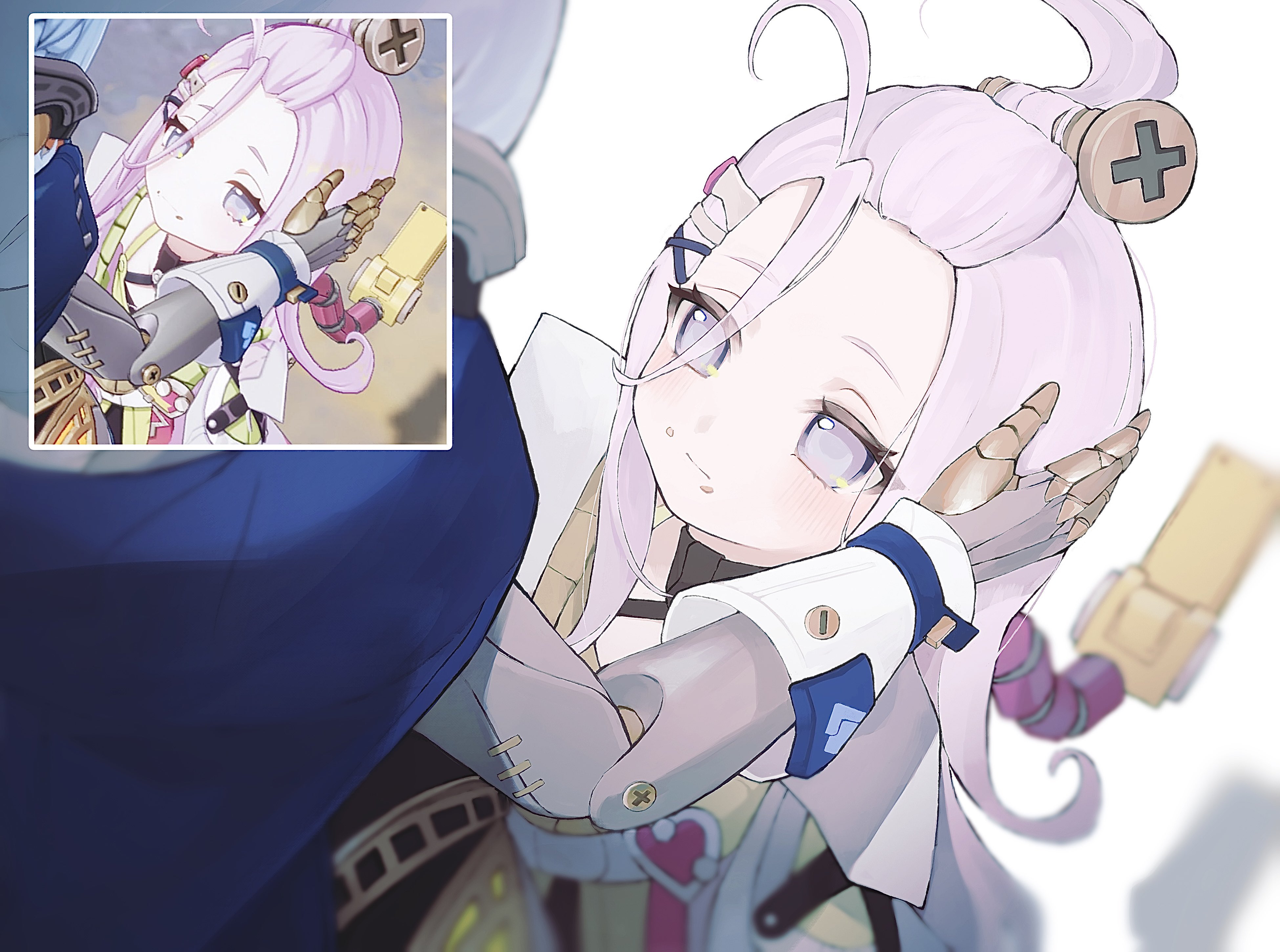 ryo (ryo 0x0 06), aino (genshin impact), ineffa (genshin impact), genshin impact, absurdres, commentary request, highres, 2girls, ahoge, crumbs, grey eyes, hair ornament, hand on another's head, long hair, looking at another, mechanical arms, multiple girls, pink hair, screw, white background