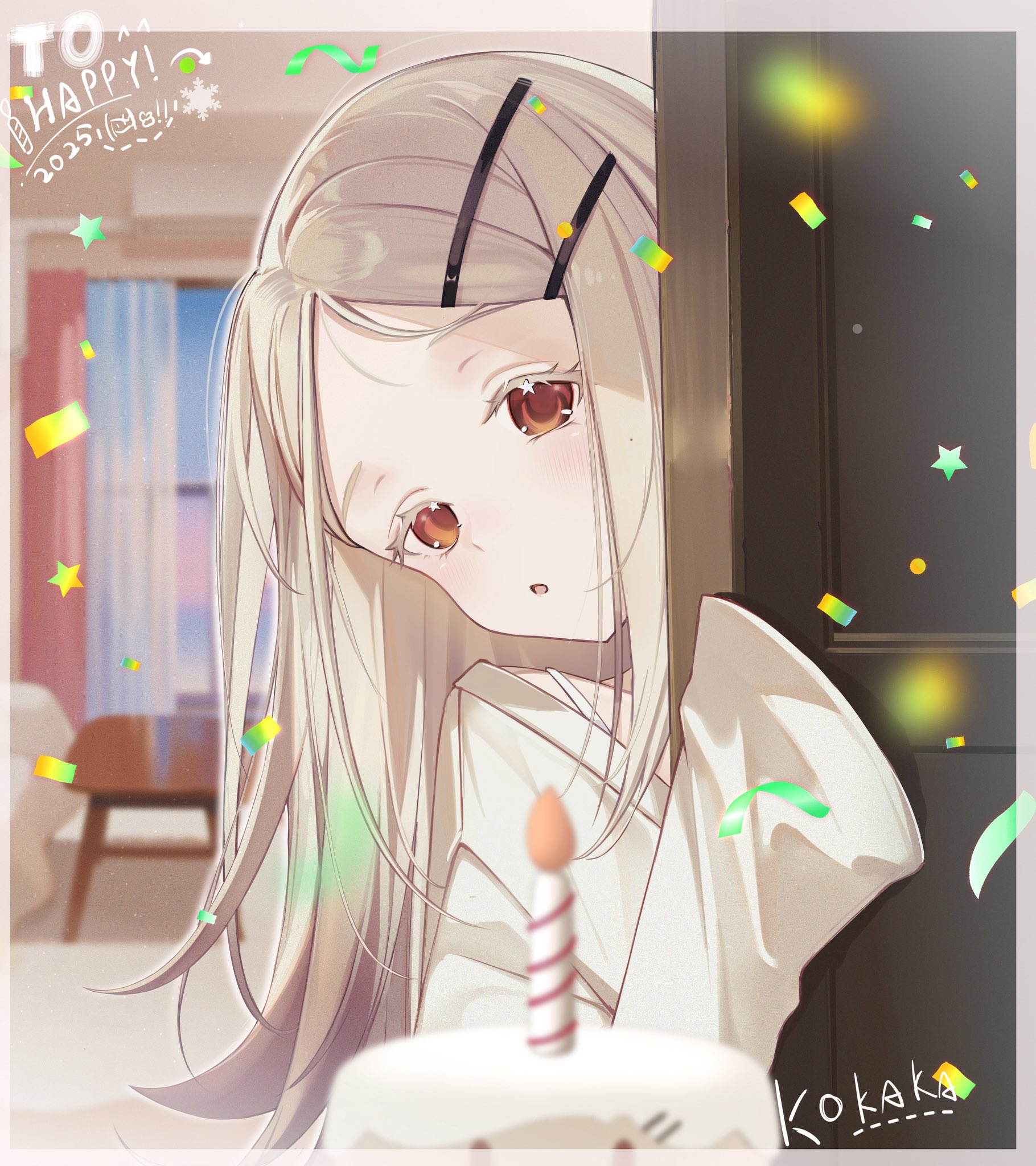 shinosawa hiro, gakuen idolmaster, idolmaster, commentary request, highres, 1girl, 2025, :o, artist name, blonde hair, blurry, blurry background, border, cake, candle, colored eyelashes, confetti, door, flipped hair, food, gradient hair, grey hair, hair ornament, hairclip, happy birthday, kokaka66, long hair, looking at viewer, multicolored hair, open mouth, orange eyes, parallel hairclips, parted bangs, peeking out, robe, signature, sleeves past fingers, sleeves past wrists, solo, spaghetti strap, upper body, white border, white robe, wide sleeves