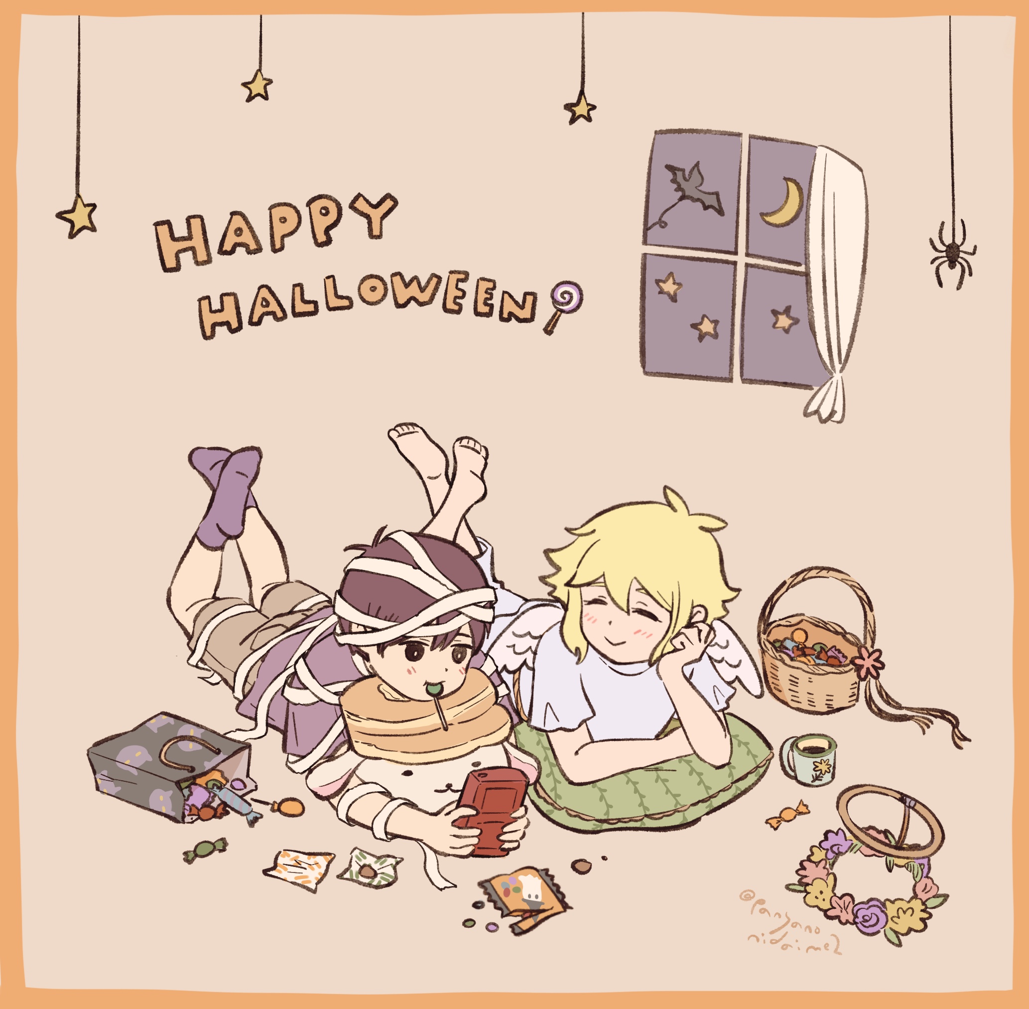 basil (faraway) (omori), basil (omori), pancake bunny (omori), something (omori), sunny (omori), omori, commentary request, highres, 2boys, :>, alternate costume, angel, angel wings, antenna hair, bag, barefoot, basket, black eyes, black hair, black shirt, black socks, blonde hair, blush, bright pupils, brown shorts, candy, character doll, closed eyes, closed mouth, doll, double-parted bangs, fake halo, fake wings, feet up, flower, flower wreath, food, hair between eyes, halloween, halloween costume, halo, handheld game console, happy halloween, head wreath removed, holding, holding handheld game console, lollipop in mouth, lying, male focus, multiple boys, mummy costume, on stomach, panyanonidaime, pillow, shirt, short sleeves, shorts, smile, socks, stuffed toy, t-shirt, white pupils, wings