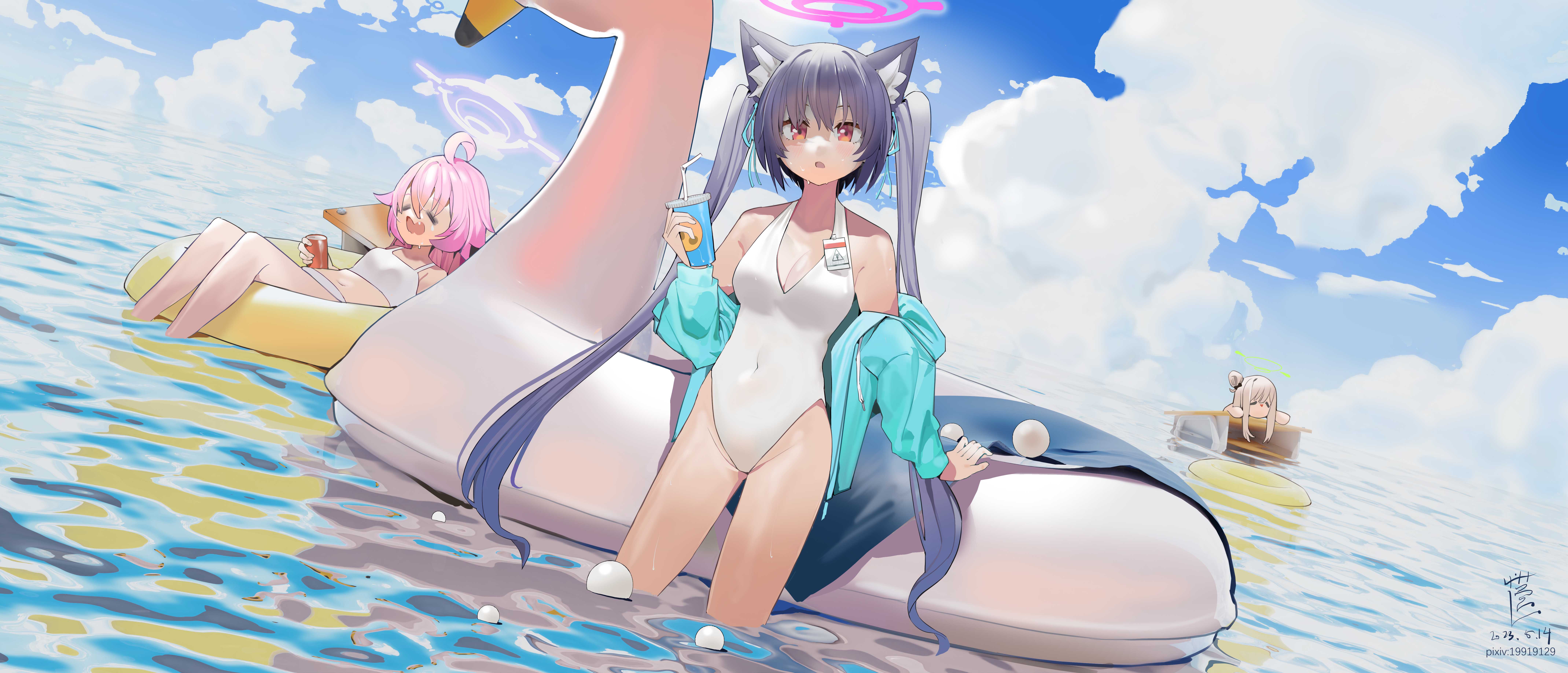 azaz008, serika (blue archive), blue archive, absurdres, character request, chinese commentary, commentary request, highres, 3girls, animal ear fluff, animal ears, aqua cardigan, blue sky, breasts, cardigan, cardigan partially removed, choppy bangs, cleavage, cloud, cloudy sky, covered navel, cup, day, grey hair, halo, hand up, holding, holding cup, horizon, innertube, long hair, looking at viewer, medium breasts, multiple girls, ocean, one-piece swimsuit, orange eyes, outdoors, parted lips, pink halo, reflection, reflective liquid, sky, solo focus, swim ring, swimsuit, twintails, very long hair, wading, water, white one-piece swimsuit