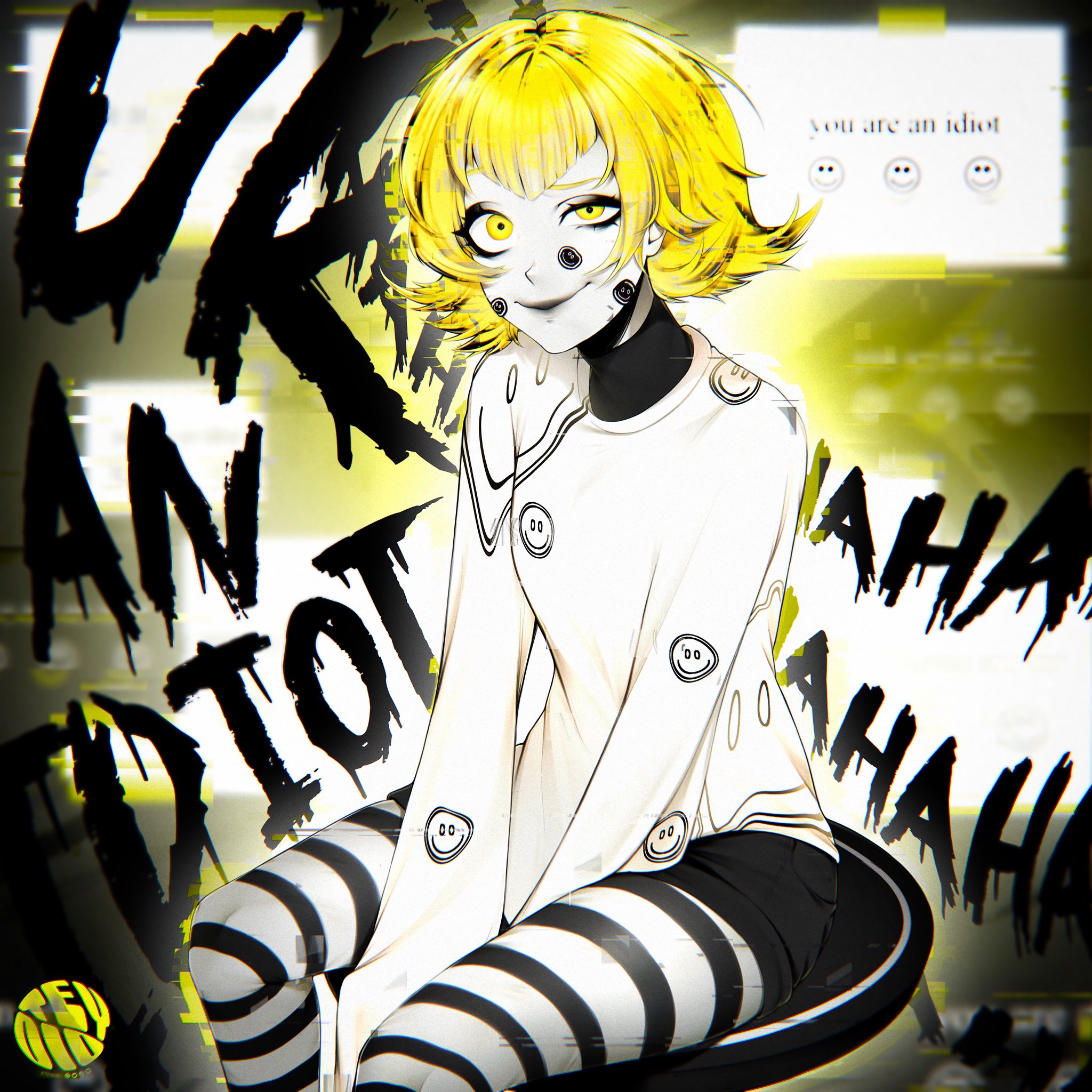 teyoid, original, commentary, english commentary, highres, 1girl, black lips, blonde hair, closed mouth, cowboy shot, english text, long sleeves, looking at viewer, print shirt, shirt, short hair, sitting, smile, smiley face, solo, striped clothes, striped thighhighs, thighhighs, v-bangs, white shirt, white thighhighs, yellow eyes, you are an idiot (virus)