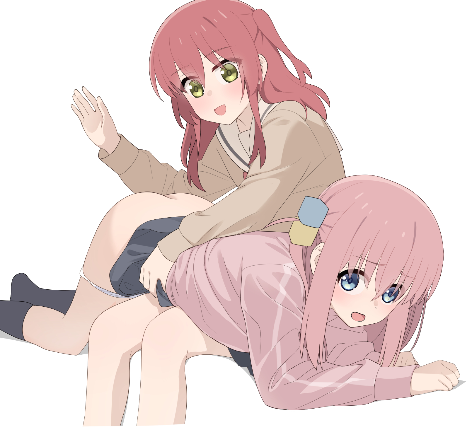 hirama, gotoh hitori, kita ikuyo, bocchi the rock!, commentary, highres, 2girls, ass, bad anatomy, bad hands, black socks, blue eyes, blush, clothes lift, femdom, green eyes, hand up, imminent spanking, long sleeves, medium hair, multiple girls, open mouth, over the knee, panties, panty pull, pink hair, red hair, school uniform, sketch, skirt, skirt lift, socks, underwear, white background, white panties, yuri