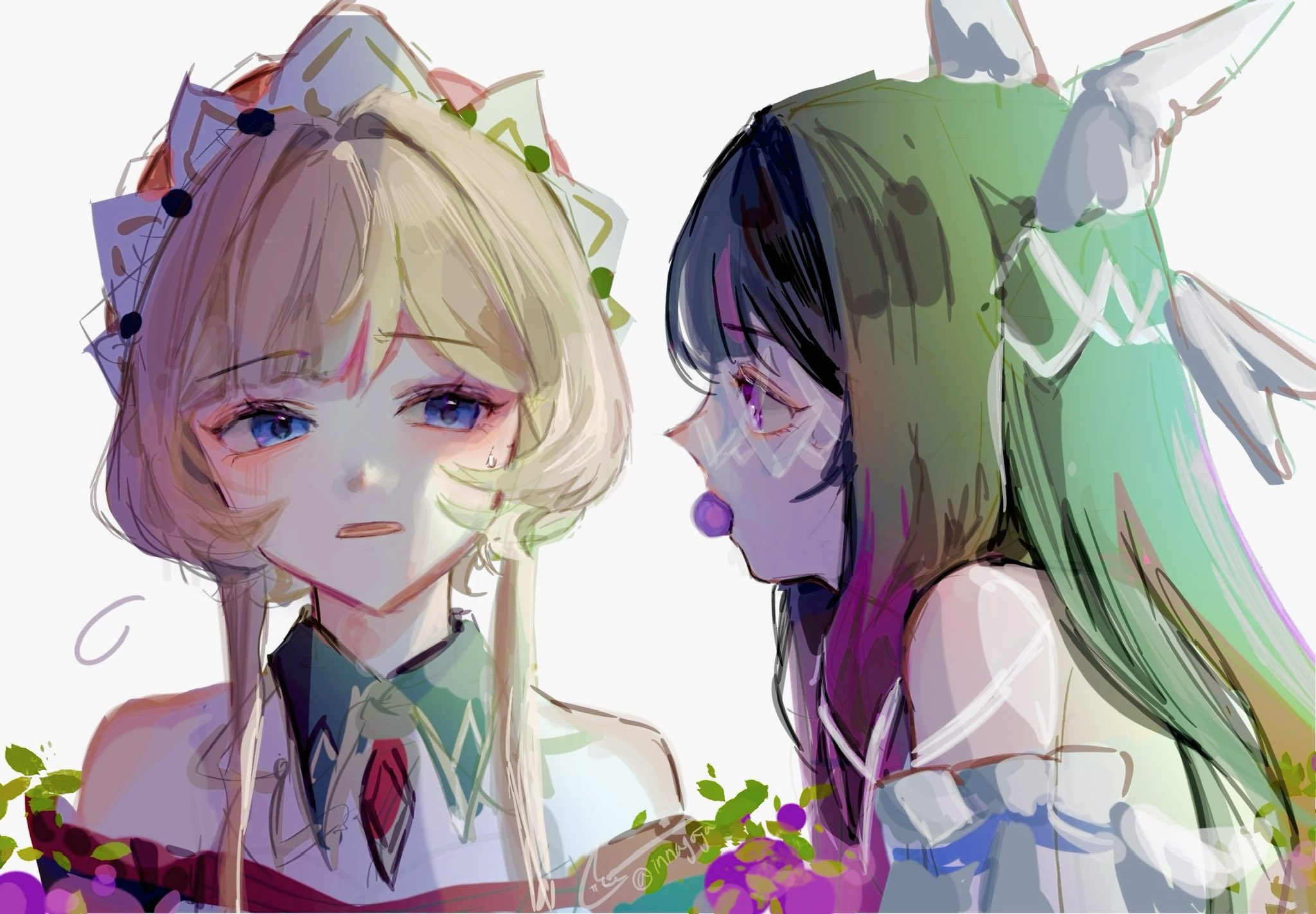 columbina (genshin impact), sandrone (genshin impact), genshin impact, commentary request, highres, korean commentary, 2girls, bare shoulders, black hair, blue eyes, brown hair, detached collar, eye mask, food in mouth, hair ornament, hair ribbon, innagaja, looking at another, maid headdress, mask, multiple girls, pink eyes, pink hair, ribbon, see-through clothes, see-through mask, strapless, sweat, sweatdrop, white background, wing hair ornament