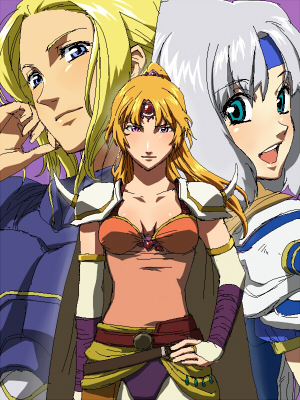 cain highwind, cecil harvey, rosa farrell, final fantasy, final fantasy iv, lowres, 1990s (style), armor, belt, blonde hair, blue eyes, blush, body blush, breasts, bridal gauntlets, cape, cleavage, grey hair, hands on own hips, headband, leotard, long hair, masu, pink eyes, ponytail, shoulder pads, tiara