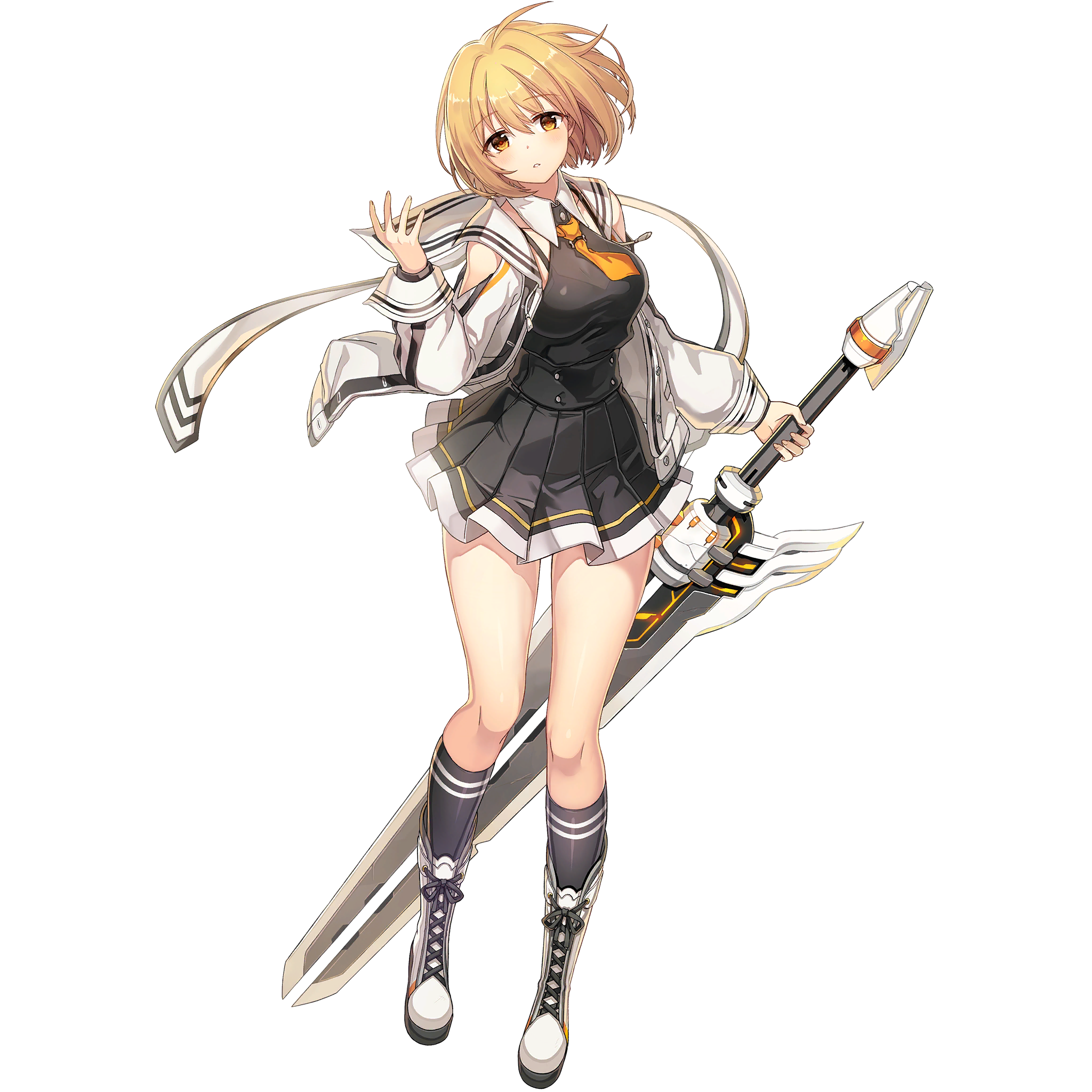 haru estia, last origin, soulworker, artist request, highres, non-web source, official art, 1girl, ahoge, black bra, black dress, black skirt, blonde hair, boots, bra, bra visible through clothes, breasts, clothing cutout, dress, full body, grey socks, holding, holding sword, holding weapon, jacket, looking at viewer, medium breasts, miniskirt, neckerchief, open clothes, open jacket, parted lips, pleated skirt, sailor collar, see-through clothes, see-through dress, short hair, shoulder cutout, simple background, skirt, sleeveless, sleeveless dress, socks, solo, standing, sword, thighs, transparent background, underwear, weapon, white boots, white jacket, white sailor collar, yellow eyes, yellow neckerchief