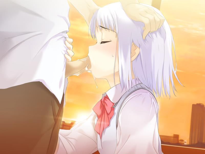 haimura kiyotaka, shiraki aeka, yume miru kusuri, game cg, 1boy, 1girl, closed eyes, embarrassed, fellatio, from side, hands on another's head, hetero, oral, public indecency, school uniform, short hair, sky, uncensored, white hair