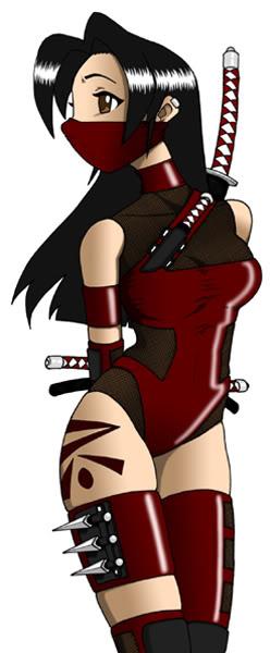 1girl, black hair, brown eyes, female focus, katana, leotard, ninja, red theme, simple background, solo, standing, sword, weapon, white background