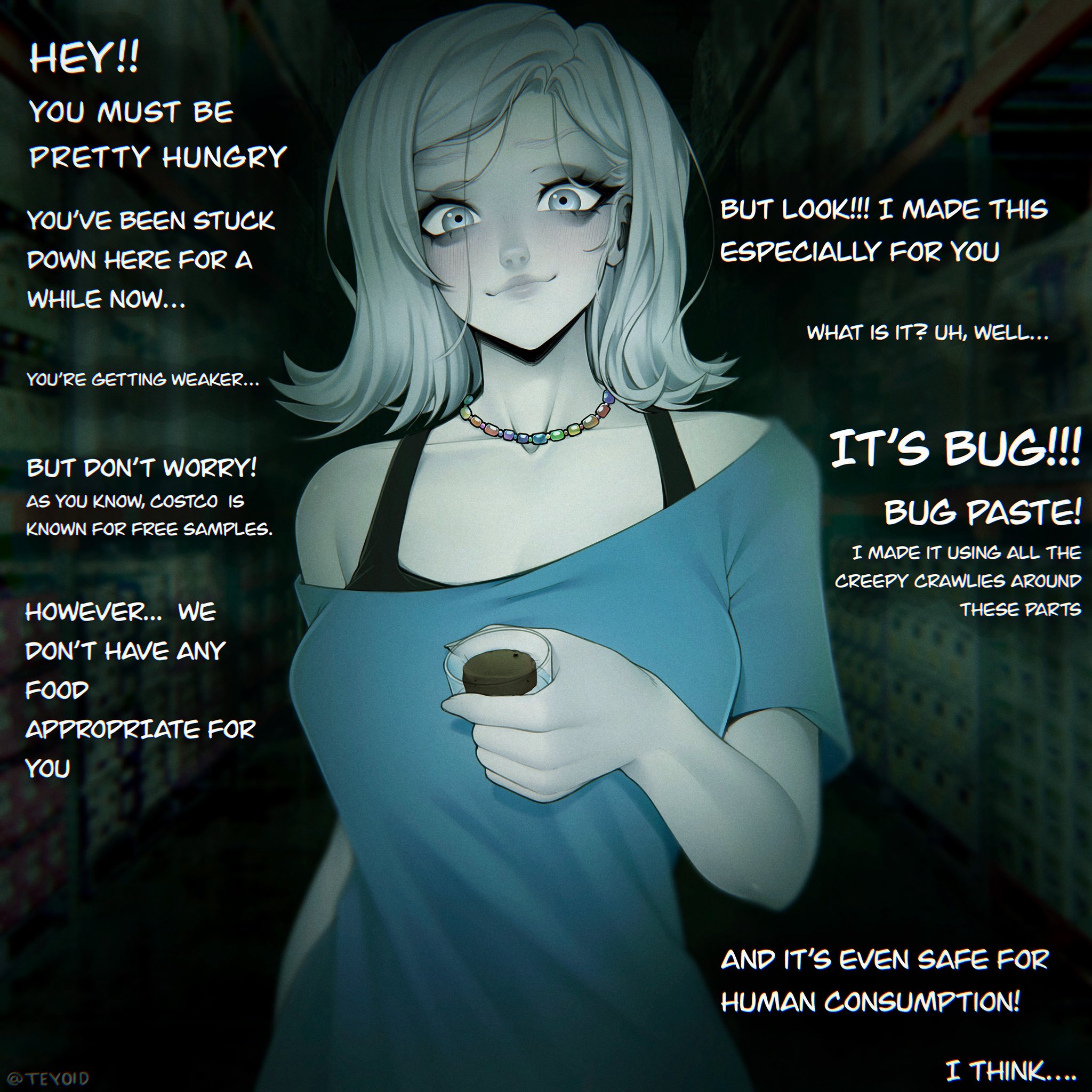 teyoid, backrooms (creepypasta), costco, original, commentary, english commentary, highres, 1girl, bare shoulders, blue shirt, blurry, blurry background, breasts, collarbone, colored skin, english text, grey eyes, grey hair, grey skin, holding, incoming gift, jewelry, looking at viewer, medium breasts, necklace, parted hair, shirt, short hair, short sleeves, smile, solo, upper body