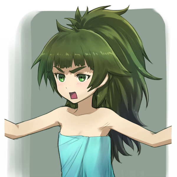 menomorute, hiyajou maho, science adventure, steins;gate, steins;gate 0, commentary request, 1girl, angry, bare shoulders, blush, collarbone, flat chest, green eyes, green hair, long hair, looking at viewer, messy hair, naked towel, official alternate hairstyle, open mouth, ponytail, rectangular mouth, solo, thick eyebrows, towel, upper body, very long hair