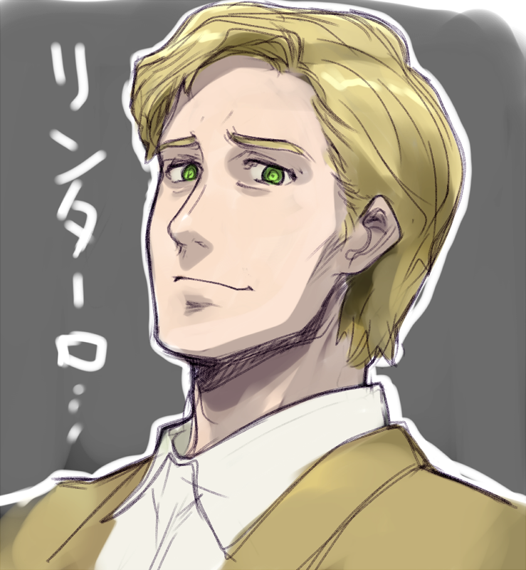 menomorute, alexis leskinen, science adventure, steins;gate, steins;gate 0, commentary request, translation request, 1boy, blonde hair, brown jacket, dress shirt, green eyes, jacket, looking at viewer, male focus, shirt, short hair, simple background, smile, solo, upper body, white shirt