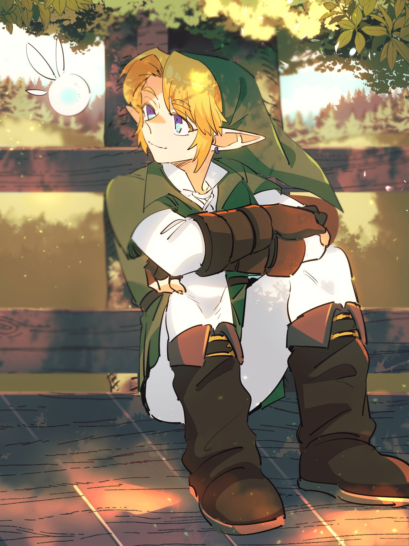 rani grb, link, navi, nintendo, the legend of zelda, the legend of zelda: ocarina of time, highres, 1boy, black boots, blonde hair, boots, brown gloves, closed mouth, fairy, full body, gloves, green hat, green tunic, hat, looking at another, male focus, outdoors, pants, sitting, smile, solo, tunic, white pants