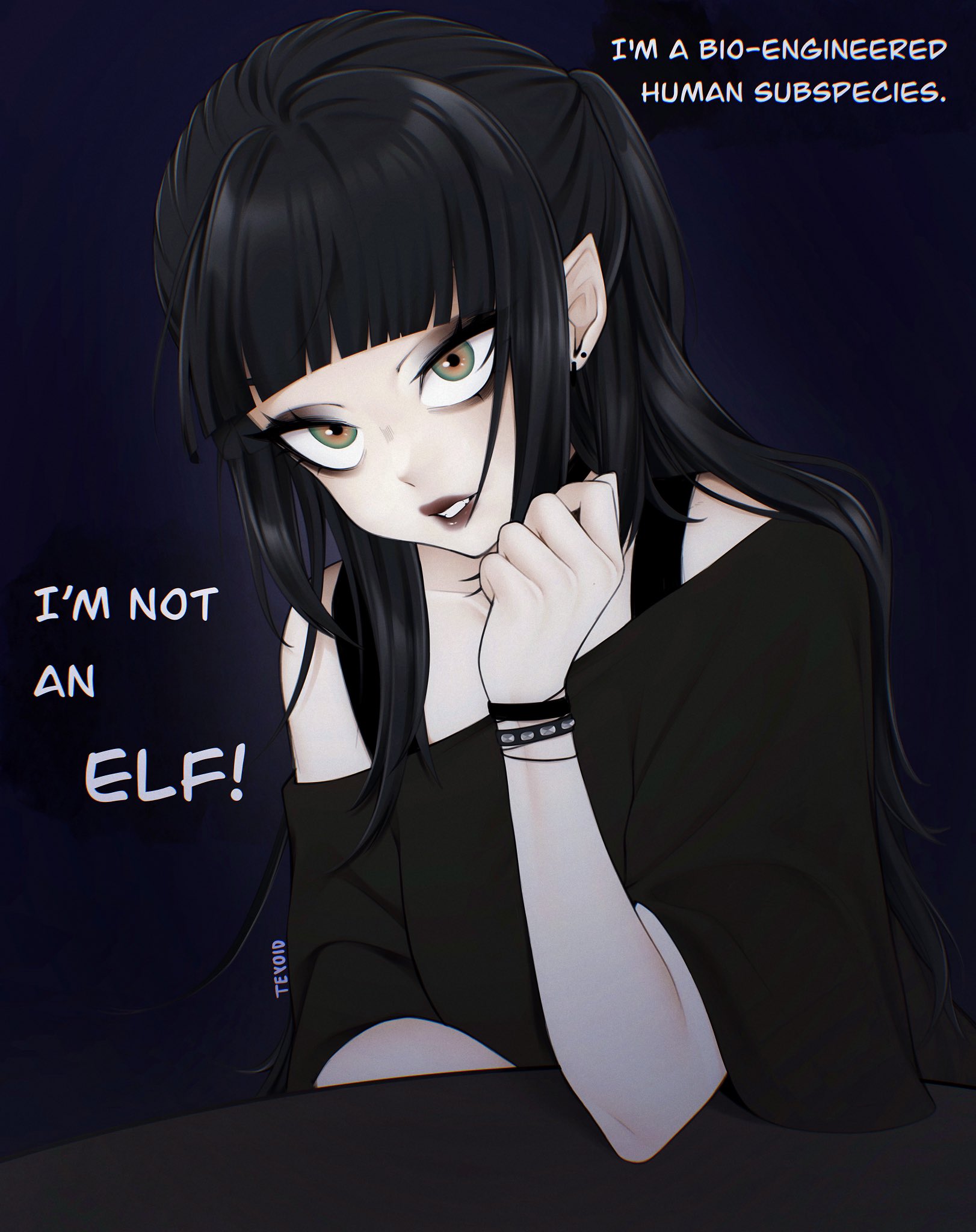 teyoid, original, commentary, english commentary, highres, 1girl, black background, black lips, black shirt, blunt bangs, brown eyes, ear piercing, elbow rest, english text, hand up, lips, lipstick, long hair, looking at viewer, makeup, parted lips, piercing, pointy ears, shirt, simple background, single bare shoulder, solo, upper body