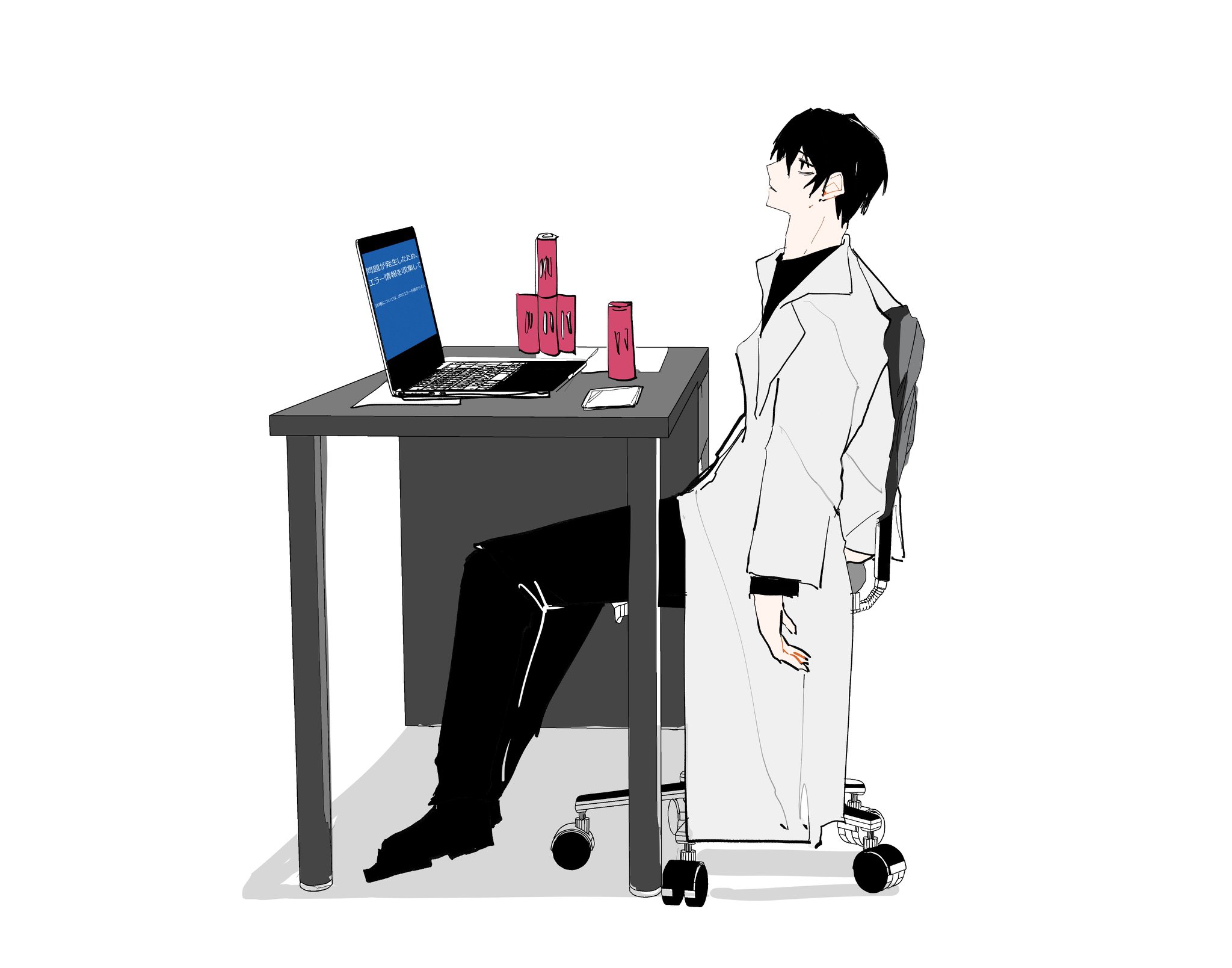 yakumineg1, yi sang (project moon), limbus company, monster energy, project moon, commentary request, highres, 1boy, black eyes, black hair, black pants, black shoes, blue screen of death, chair, coat, desk, full body, lab coat, lapels, male focus, notched lapels, office chair, pants, shoes, simple background, sitting, solo, swivel chair, white background, white coat