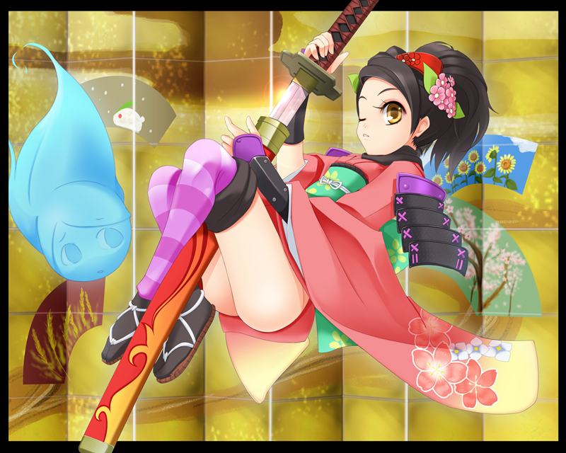 momohime, oboro muramasa, ass, japanese clothes, lying, sword, weapon, wink