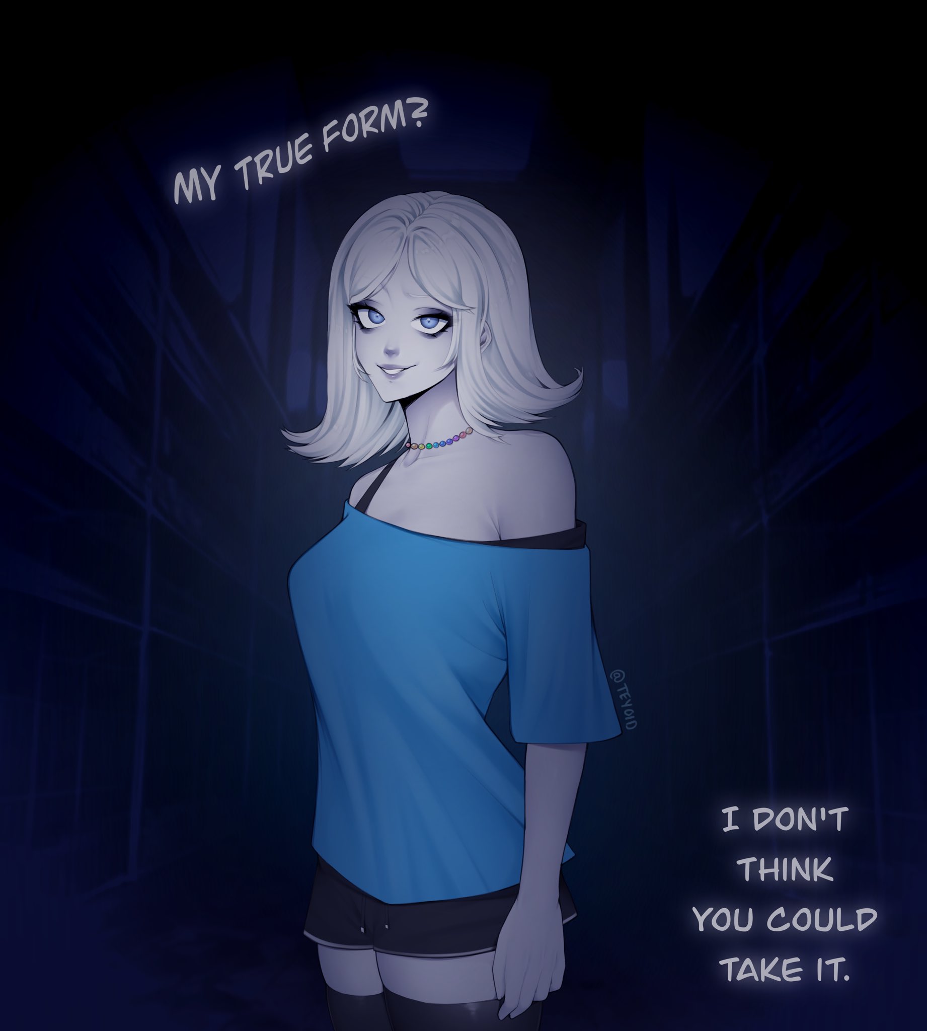 teyoid, original, commentary, english commentary, highres, 1girl, bare shoulders, black shorts, blue eyes, blue shirt, blurry, blurry background, breasts, choker, cowboy shot, english text, flipped hair, large breasts, looking at viewer, multicolored choker, nose, pale skin, parted bangs, shirt, short hair, short shorts, short sleeves, shorts, smile, solo, white hair