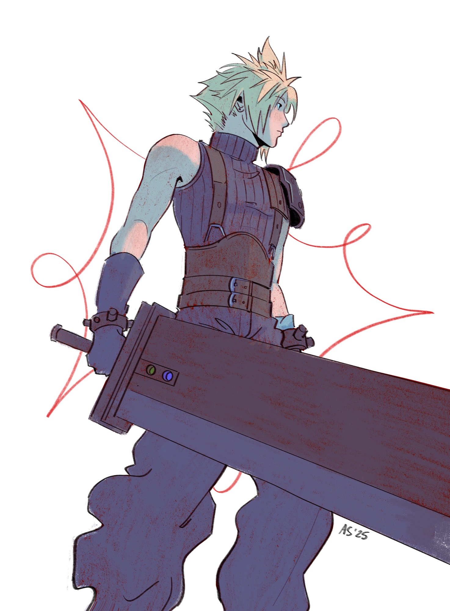 ashlena sharma, cloud strife, final fantasy, final fantasy vii, final fantasy vii remake, commentary, english commentary, highres, 1boy, armor, baggy pants, blonde hair, buster sword, closed mouth, feet out of frame, holding, holding sword, holding weapon, looking to the side, male focus, pants, ribbed sweater, short hair, shoulder armor, simple background, single bare shoulder, sleeveless, sleeveless turtleneck, solo, spiked hair, standing, sweater, sword, turtleneck, turtleneck sweater, weapon, white background