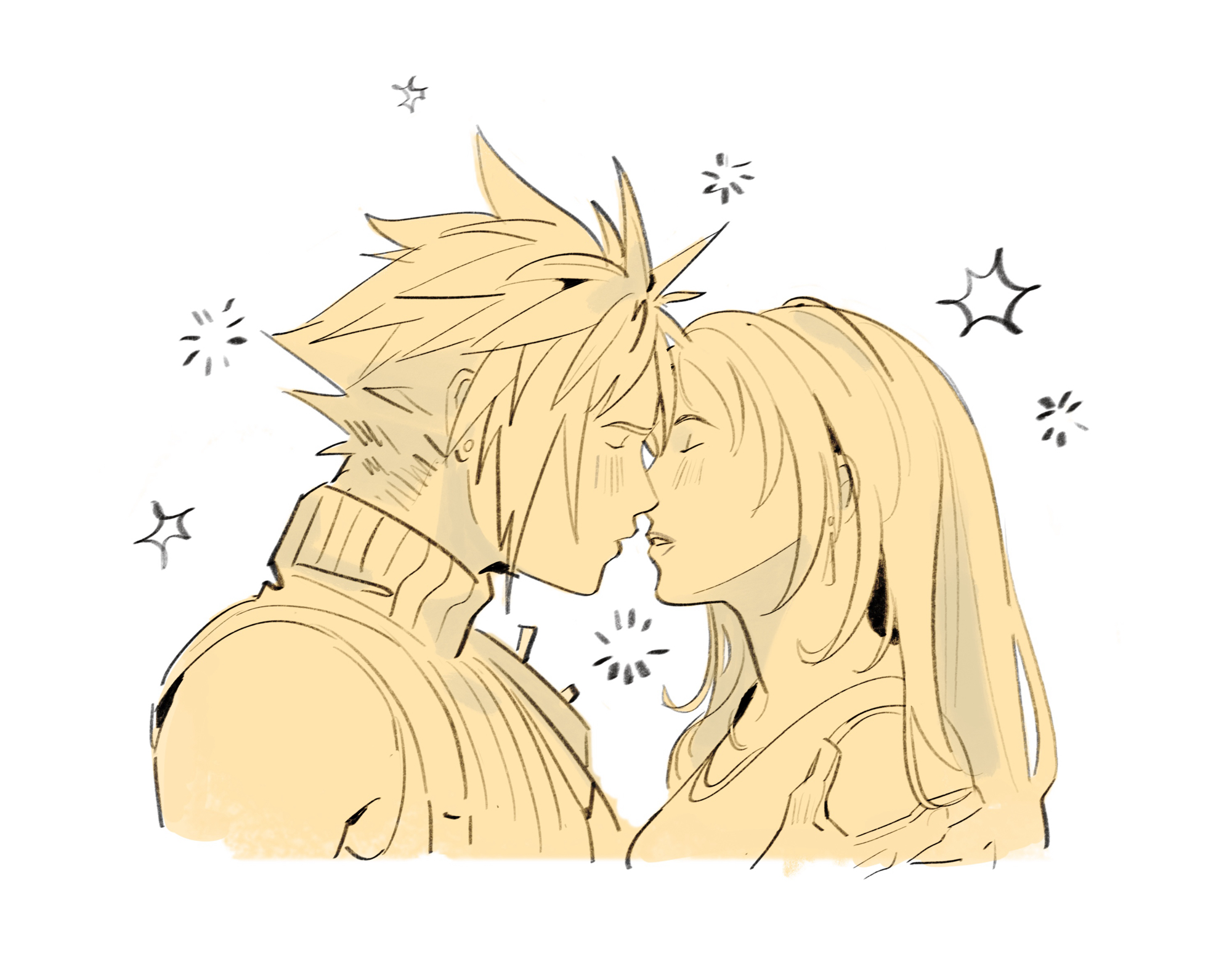 ashlena sharma, cloud strife, tifa lockhart, final fantasy, final fantasy vii, final fantasy vii rebirth, final fantasy vii remake, commentary, english commentary, highres, 1boy, 1girl, bare shoulders, blush, closed mouth, couple, earrings, face-to-face, from side, hand on another's arm, hetero, imminent kiss, jewelry, long hair, parted lips, profile, ribbed sweater, scene reference, short hair, simple background, single earring, sleeveless, sleeveless turtleneck, sparkle, spiked hair, sweater, tank top, turtleneck, turtleneck sweater, upper body, white background