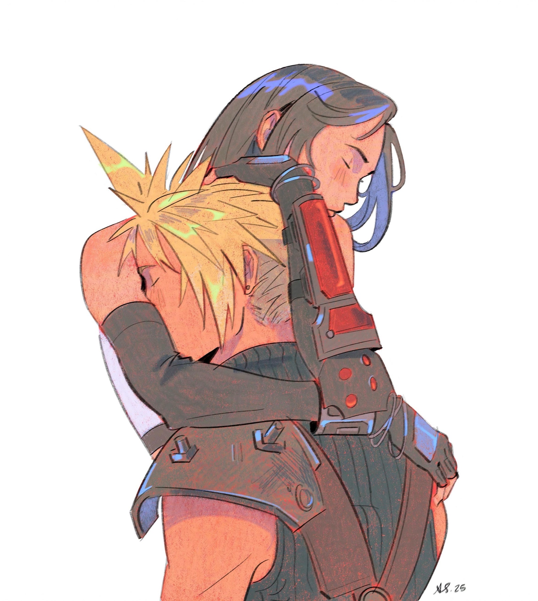 ashlena sharma, final fantasy, final fantasy vii, final fantasy vii rebirth, final fantasy vii remake, commentary, english commentary, highres, 1boy, 1girl, armor, bare shoulders, black gloves, black hair, blonde hair, blush, closed eyes, couple, crop top, elbow gloves, gloves, hand on another's head, hug, long hair, ribbed sweater, short hair, shoulder armor, single arm guard, sleeveless, sleeveless turtleneck, spiked hair, sweater, tank top, turtleneck, turtleneck sweater, upper body, white background, white tank top