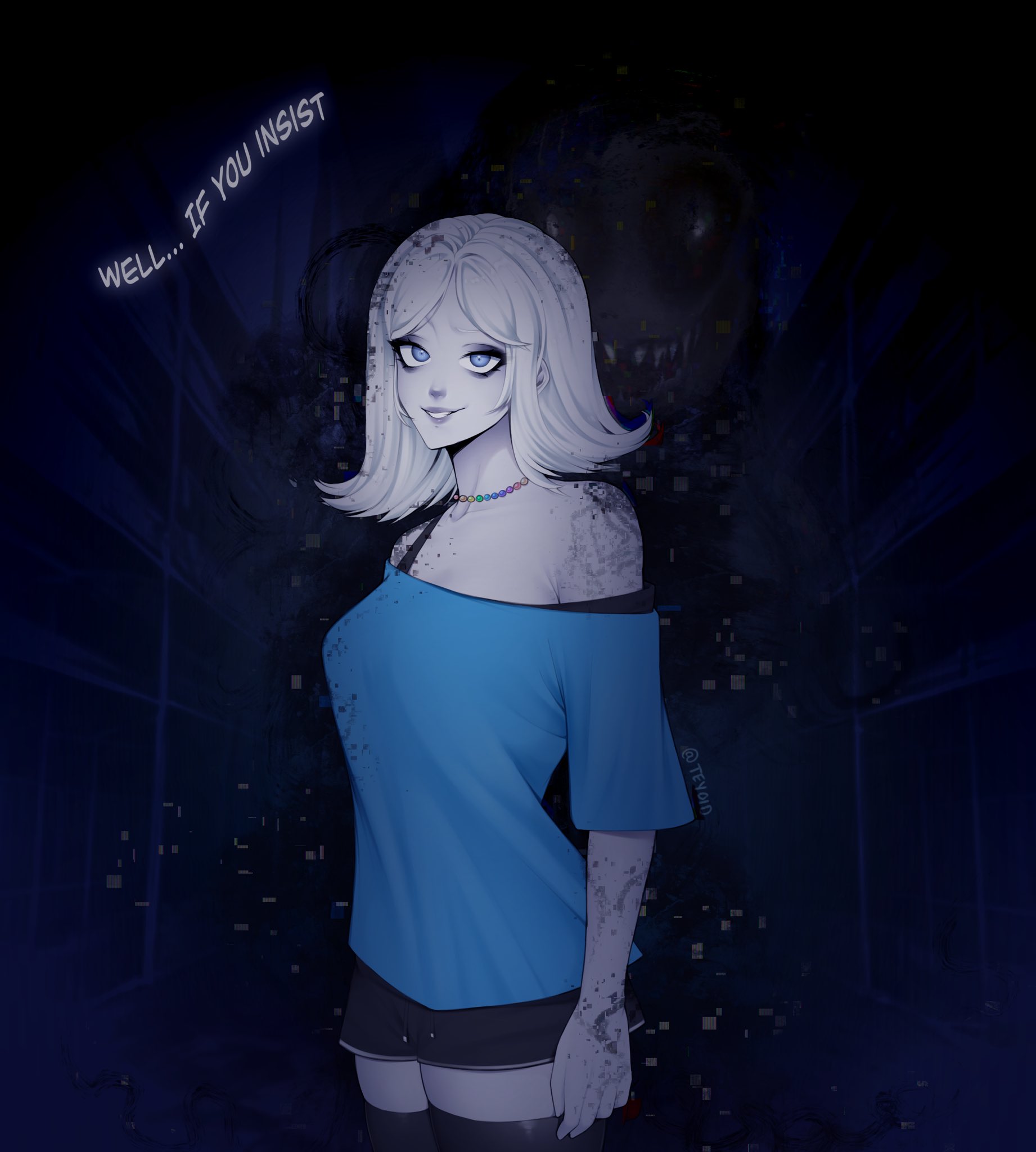 teyoid, original, commentary, english commentary, highres, 1girl, bare shoulders, black shorts, blue eyes, blue shirt, blurry, blurry background, breasts, choker, cowboy shot, english text, flipped hair, glitch, horror (theme), large breasts, looking at viewer, monster, multicolored choker, nose, pale skin, parted bangs, shirt, short hair, short shorts, short sleeves, shorts, smile, solo, white hair