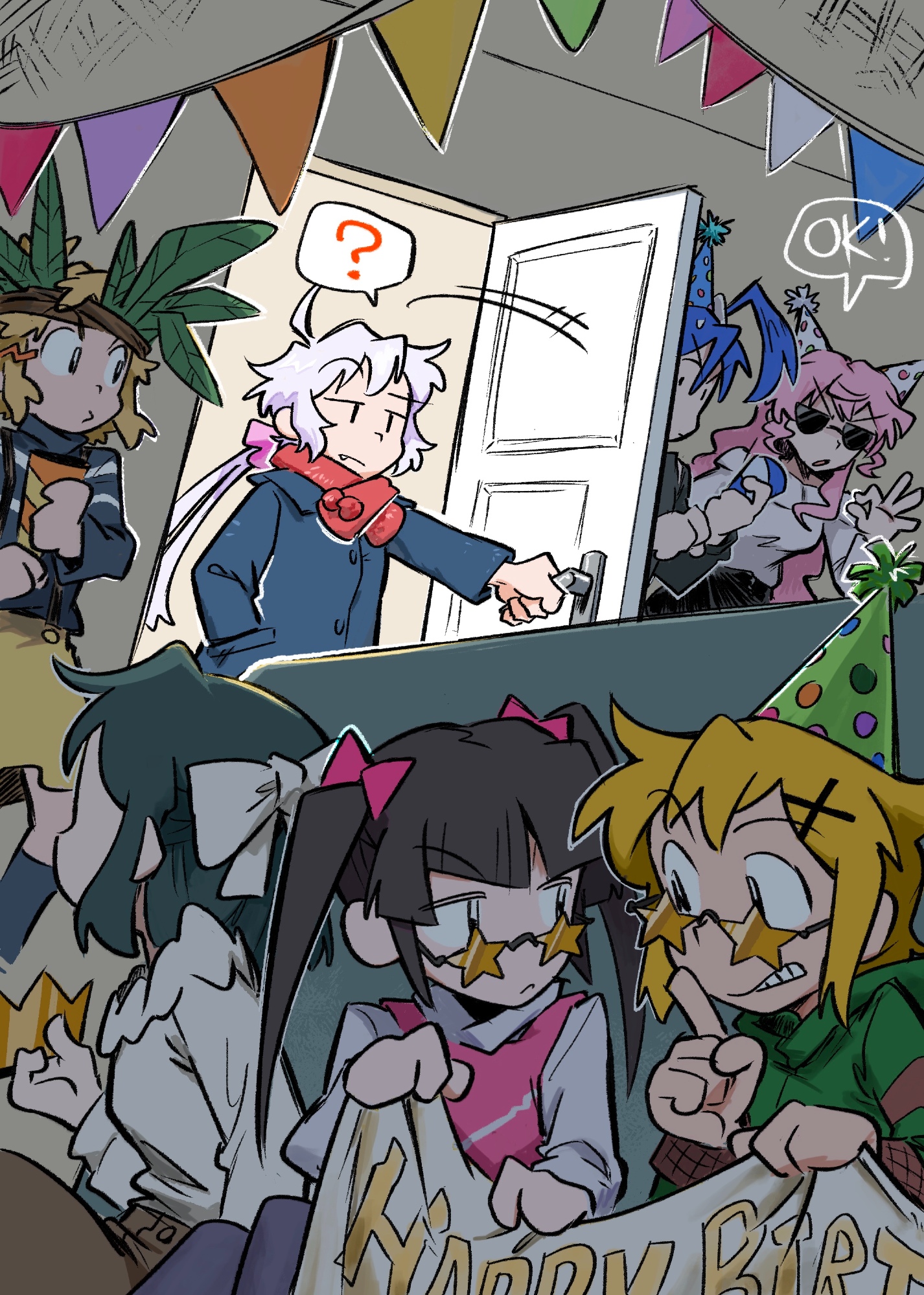 gil falasson, akatsuki kirika, kazanari tsubasa, kohinata miku, maria cadenzavna eve, tachibana hibiki (symphogear), tsukuyomi shirabe, yukine chris, senki zesshou symphogear, commentary request, highres, 6+girls, ?, ahoge, black hair, blonde hair, bow, coat, hair bow, hair ornament, hair scrunchie, happy birthday, hat, long hair, low twintails, multiple girls, ok sign, open mouth, opening door, party hat, party popper, pink hair, scarf, scrunchie, star-shaped eyewear, star (symbol), sunglasses, sweater, tareme, twintails, white hair, winter, winter clothes, winter coat, | |