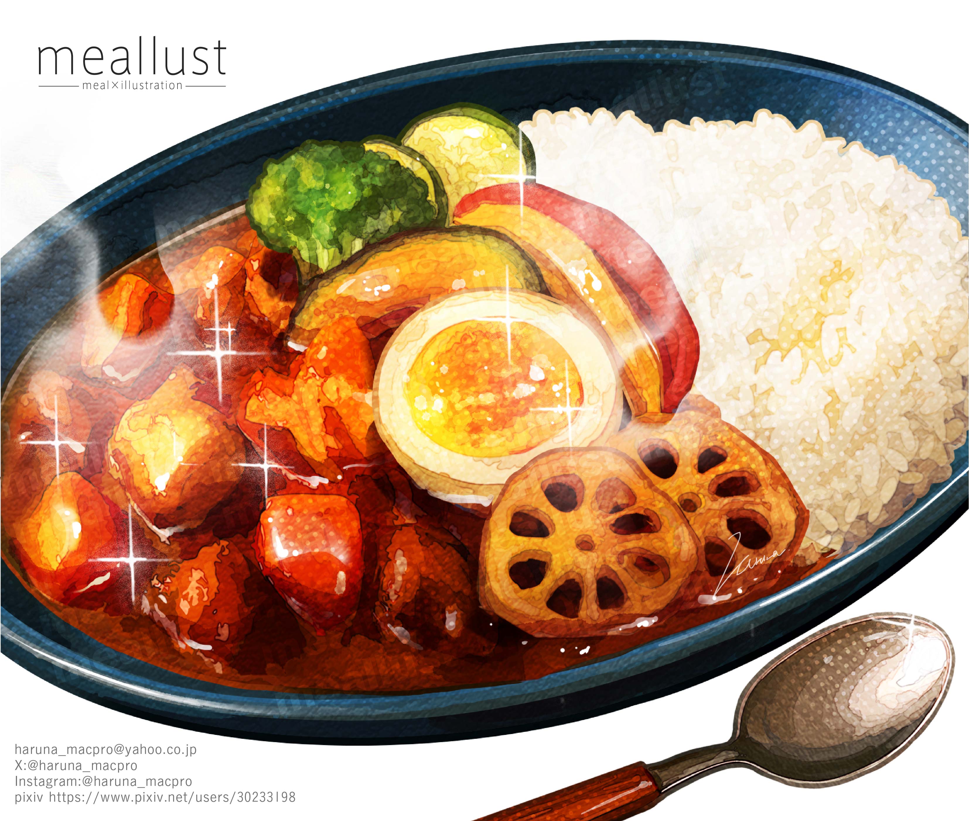 haruna macpro, original, absurdres, commentary request, highres, broccoli, curry, curry rice, egg (food), food, food focus, instagram username, no humans, pixiv username, rice, signature, sparkle, spoon, still life, twitter username, white background