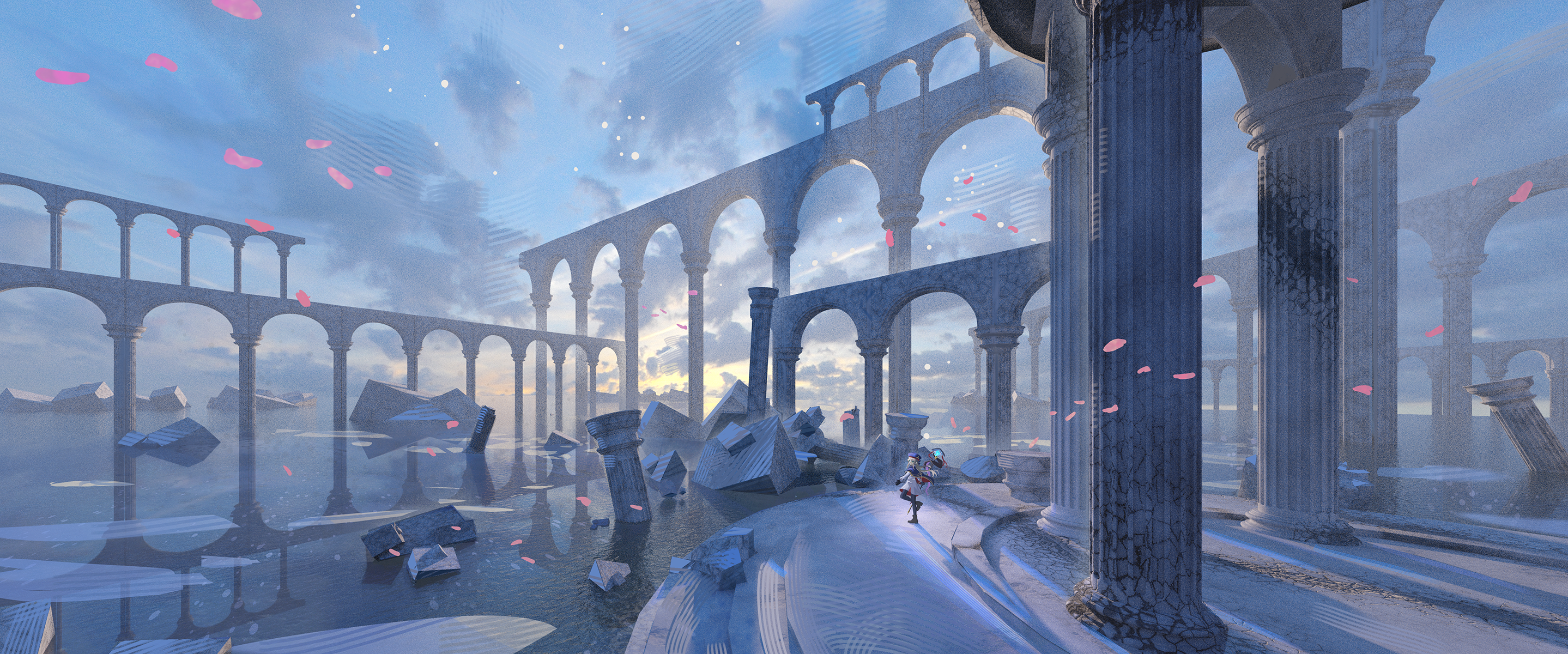 sisou, artoria caster (fate), artoria caster (second ascension) (fate), artoria pendragon (fate), fate (series), commentary request, highres, 1girl, arch, colonnade, column, evening, falling petals, flood, leg up, ocean, outdoors, petals, pillar, ruins, scenery, solo, standing, standing on one leg, very wide shot