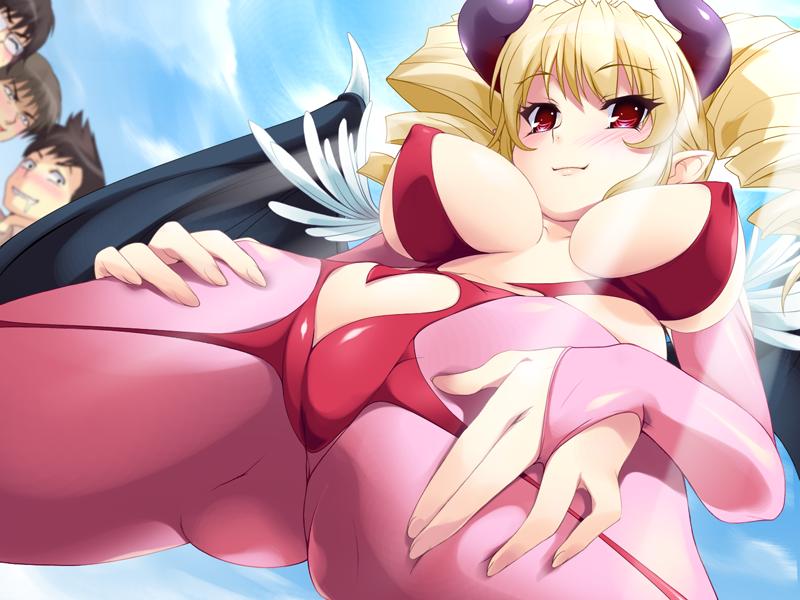 artist request, character request, source request, blonde hair, blush, breasts, cameltoe, cleavage, demon girl, large breasts, red eyes, smile