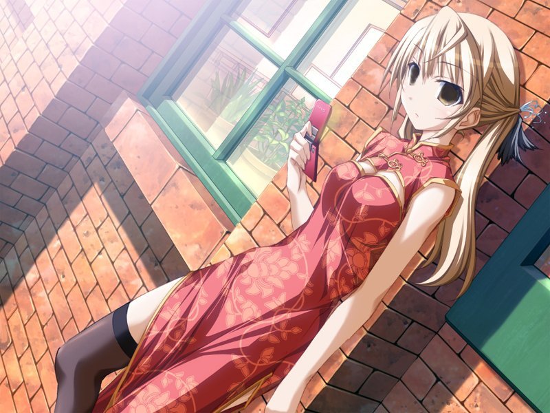 blonde hair, cellphone, china dress, chinese clothes, dress, phone, school, thighhighs